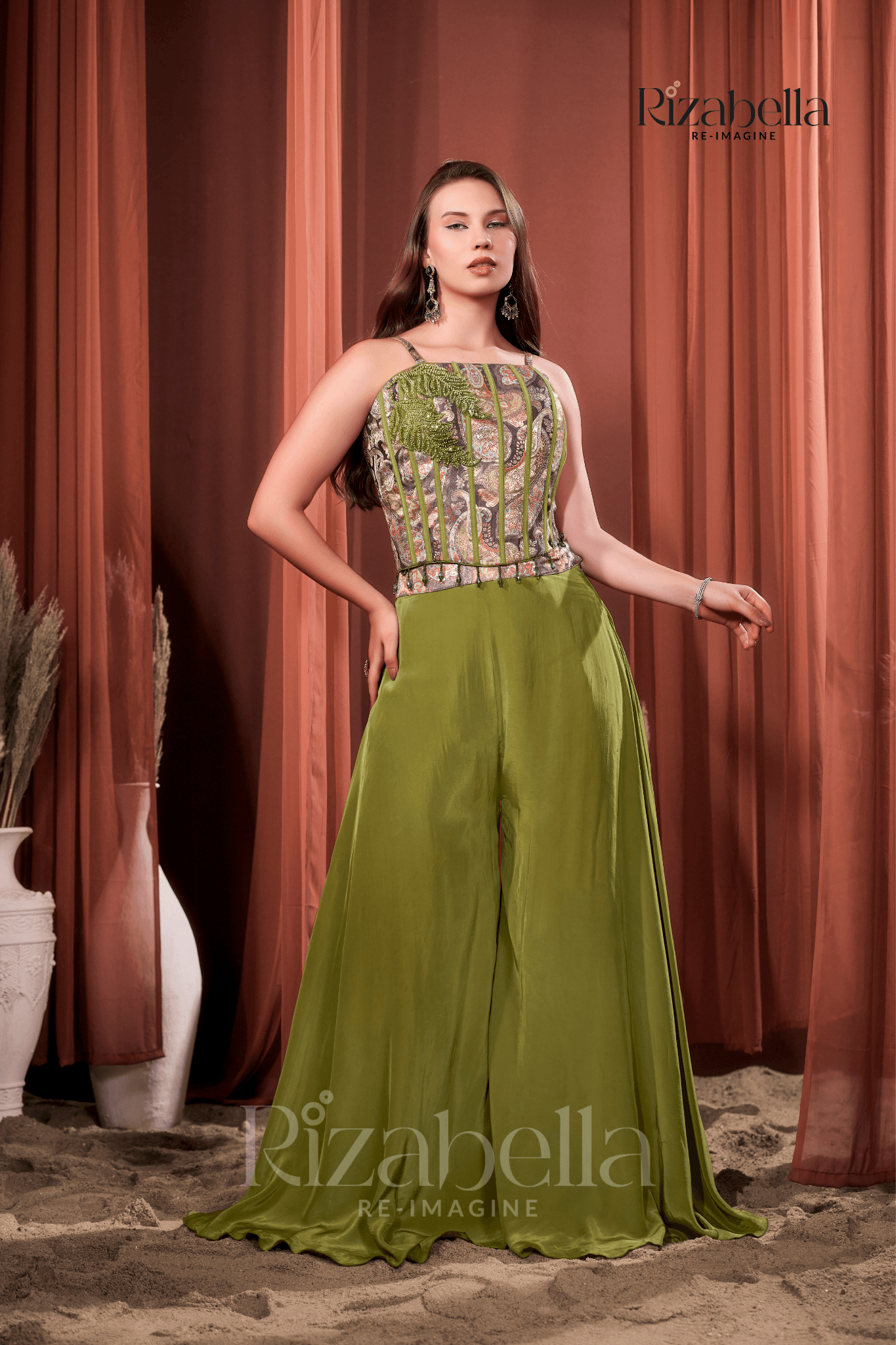 Nova green Embroidered Ethnic crop top set