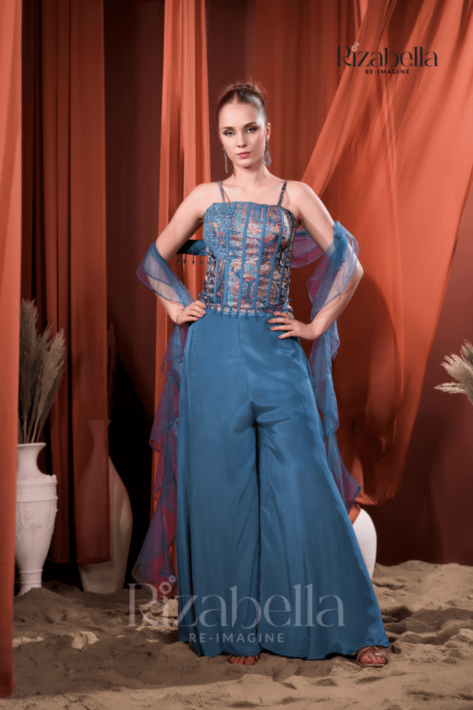 Nova Blue Embroidered Ethnic crop top set
