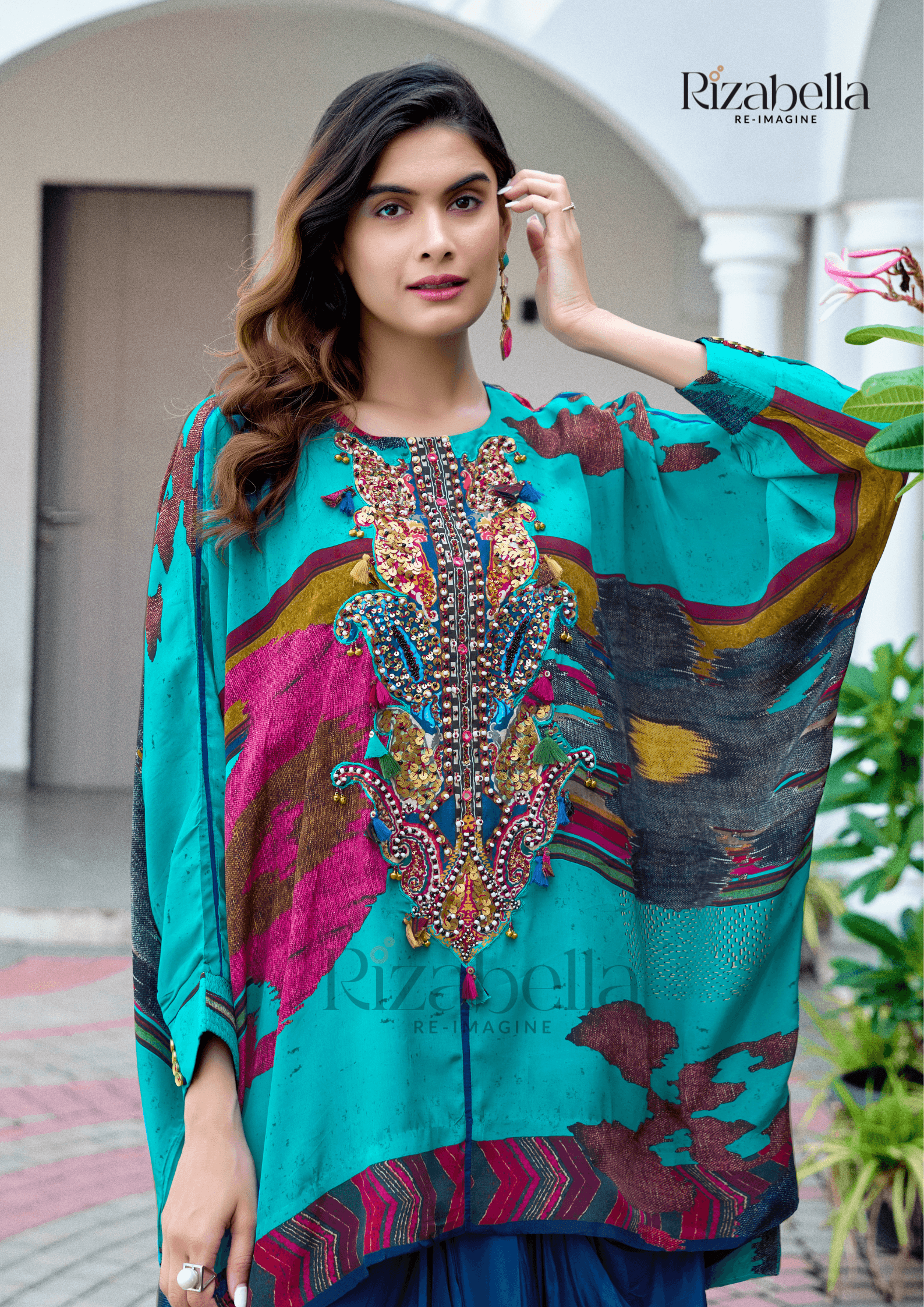 Embroidered Tunic with Draped Pants - Blue - Image 3