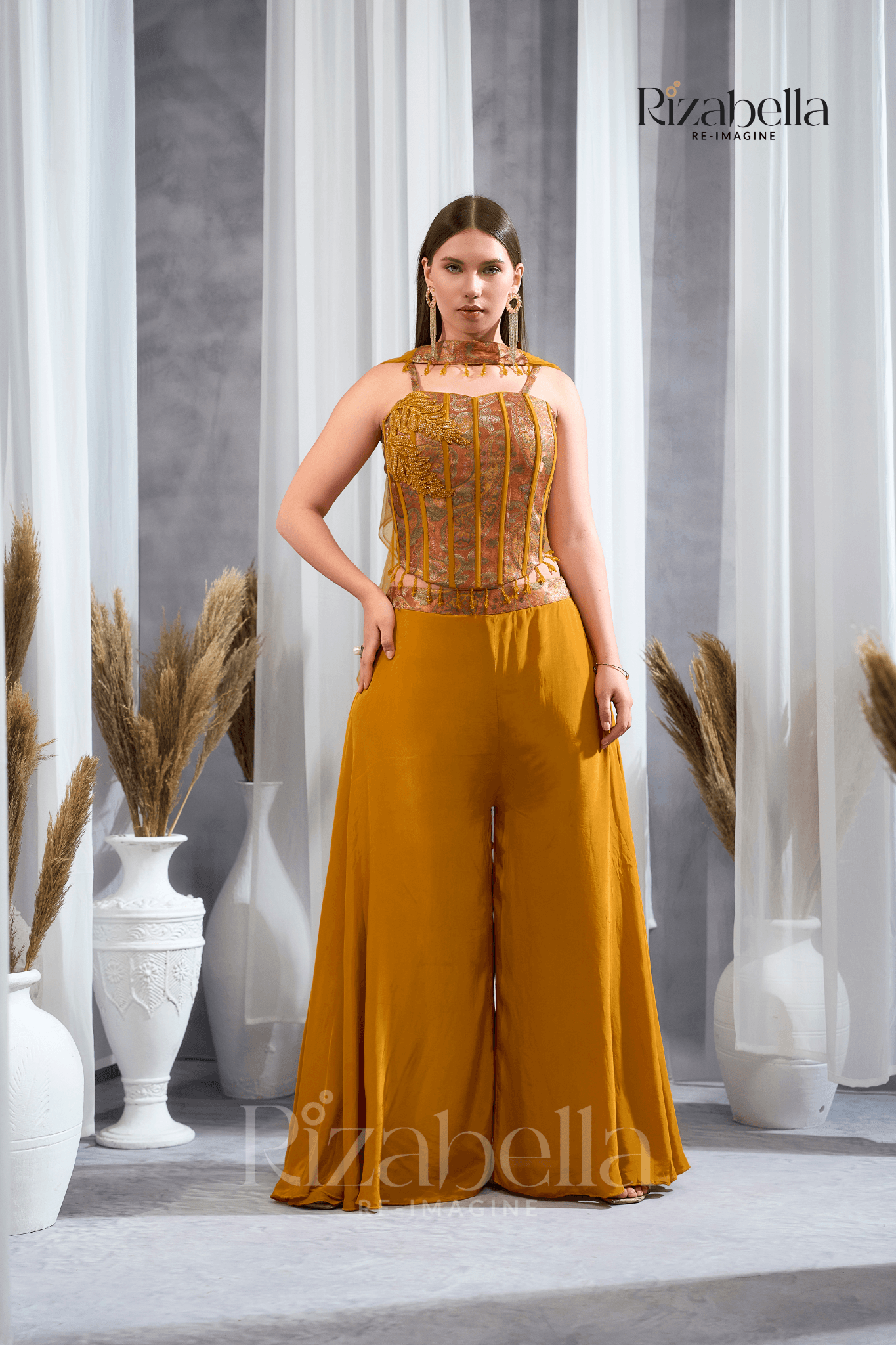 Nova Mustard Embroidered Ethnic crop top set - Image 2
