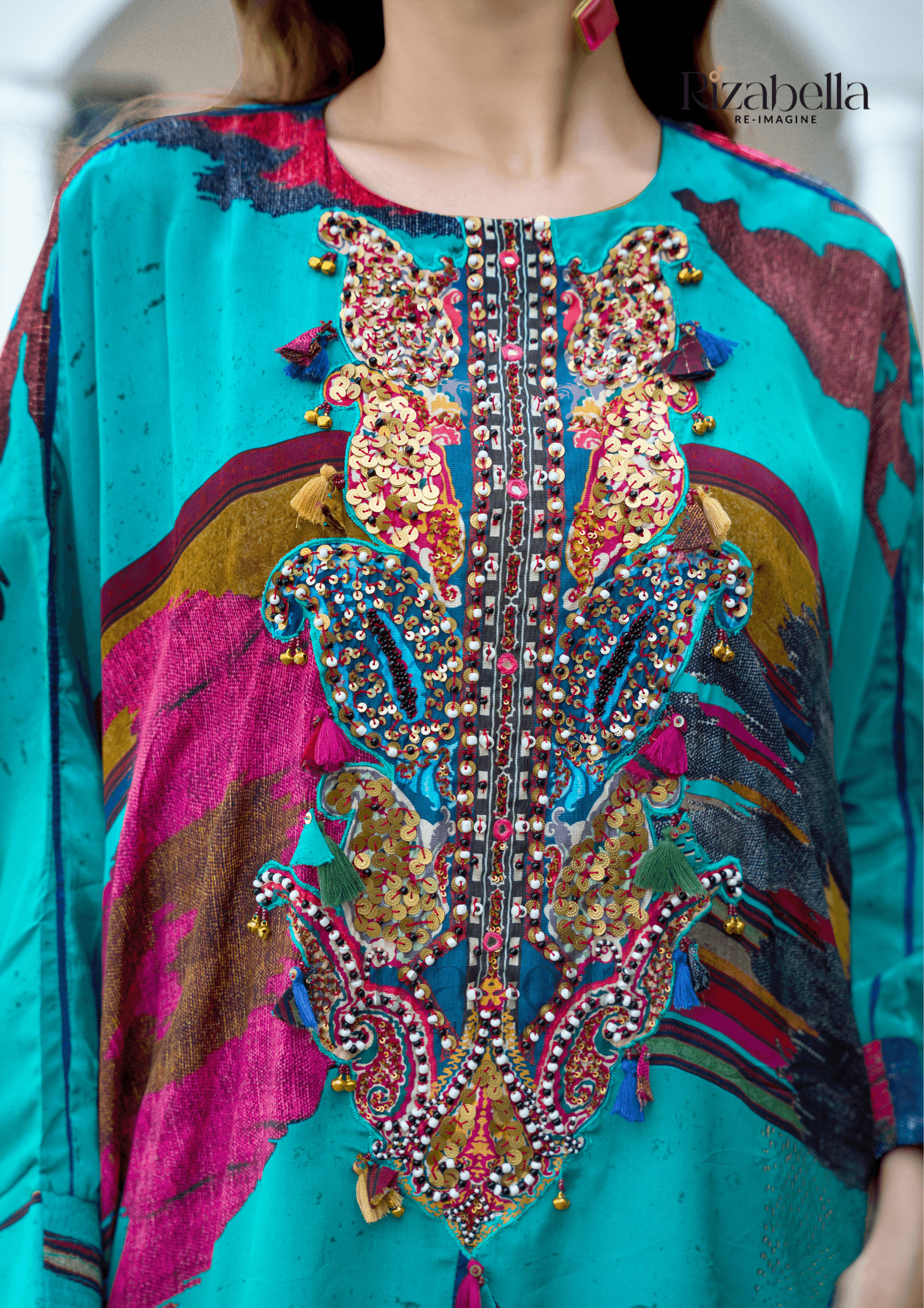 Embroidered Tunic with Draped Pants - Blue - Image 2