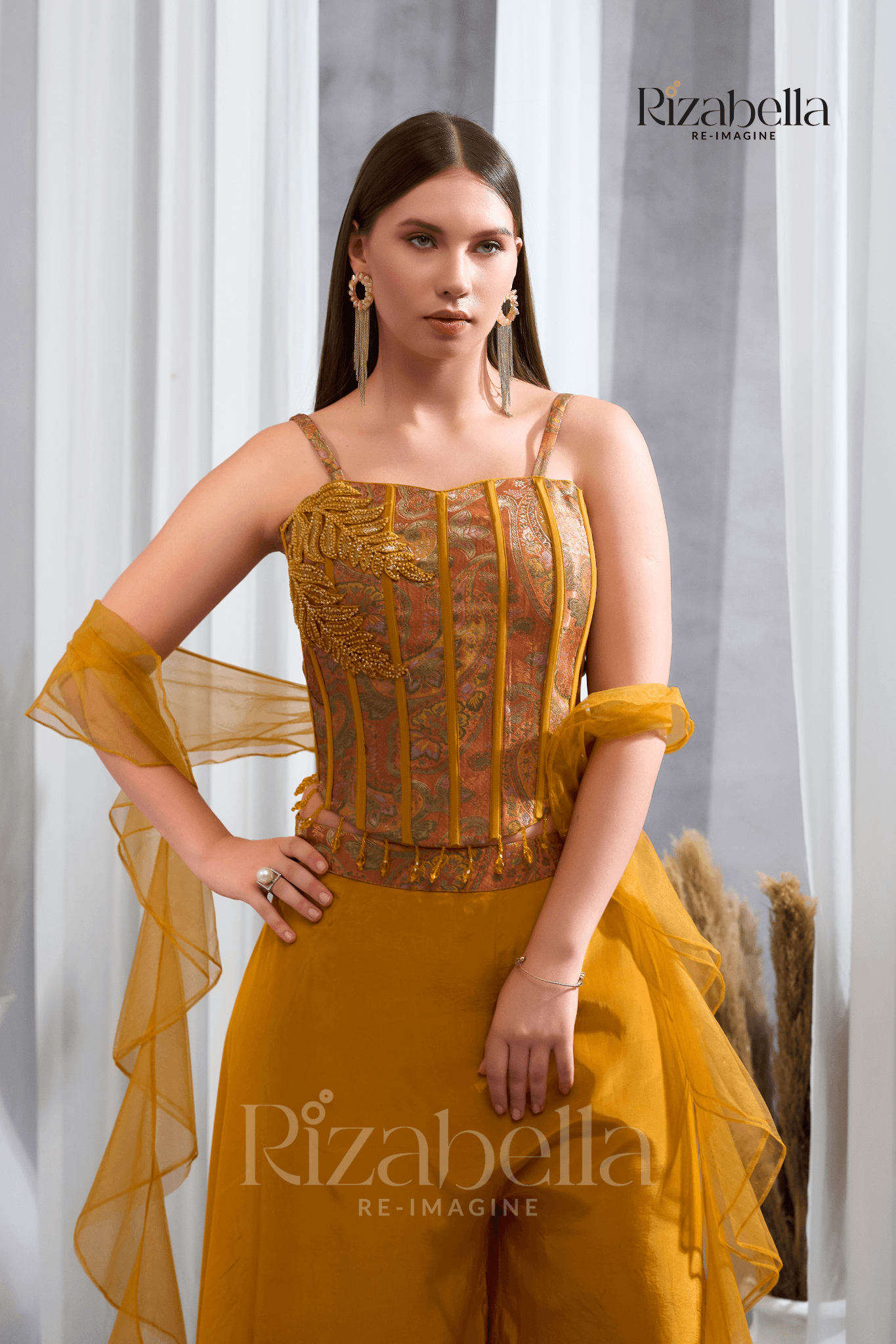 Nova Mustard Embroidered Ethnic crop top set - Image 3
