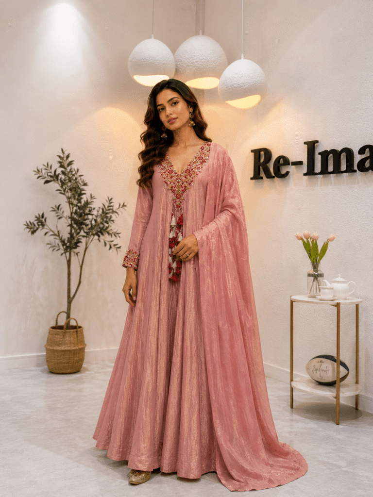 Pastel peach Embroidered Anarkali Set