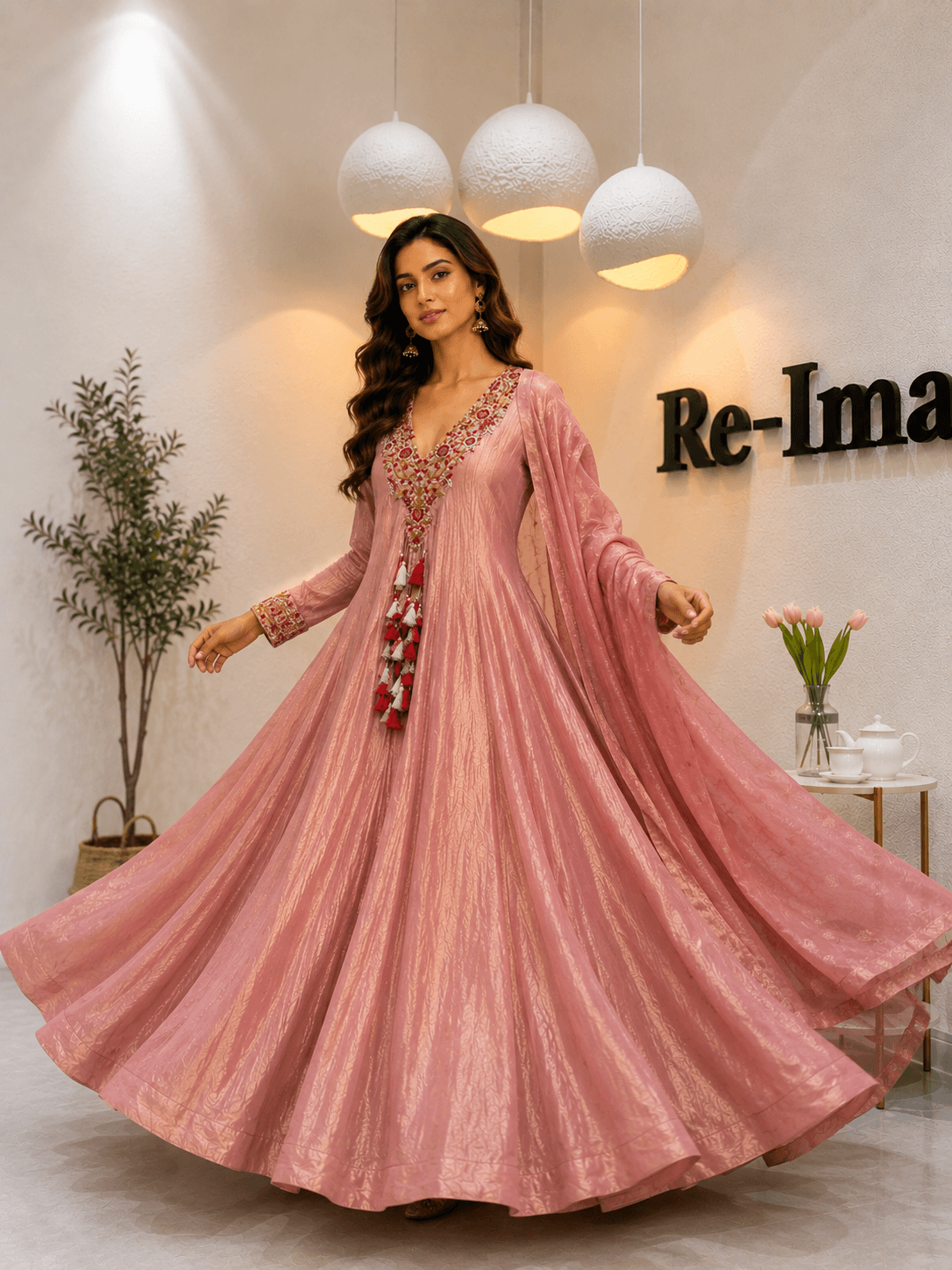 Pastel peach Embroidered Anarkali Set - Image 3
