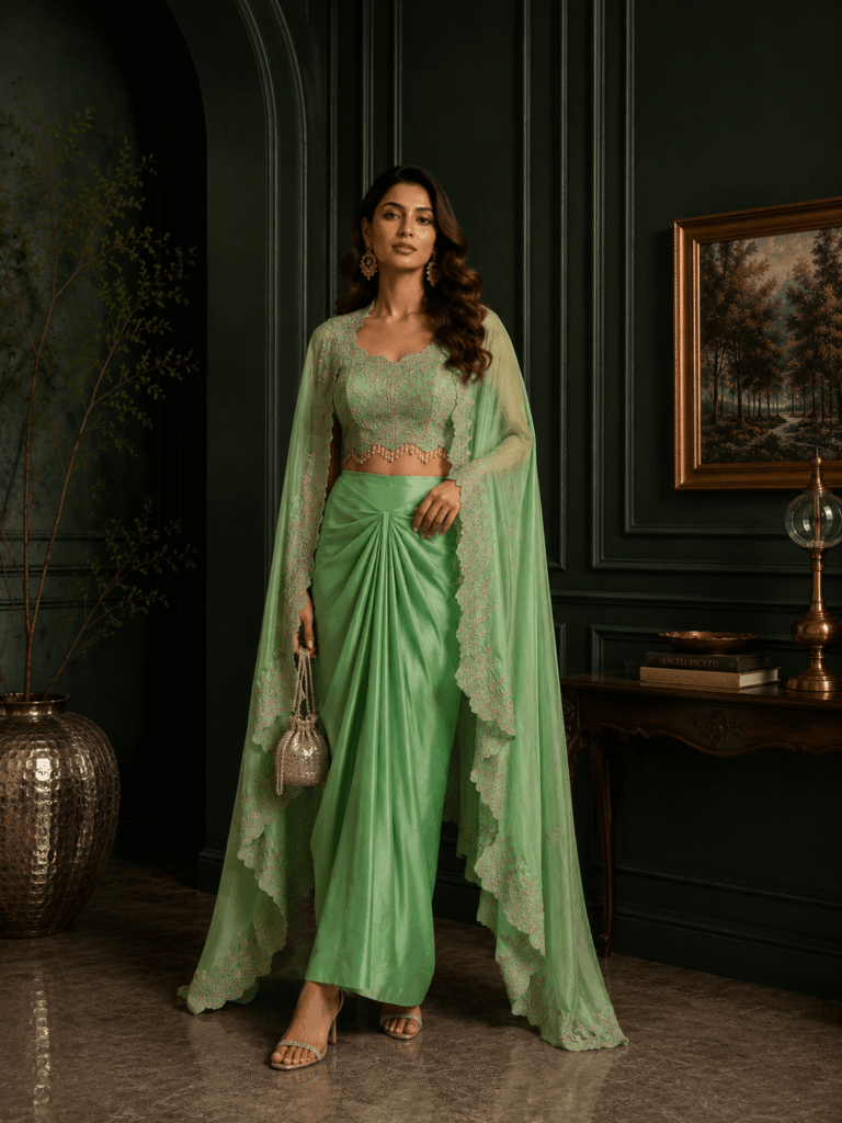 Blossom green Cape Drape skirt Set
