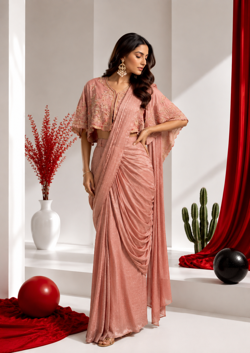 Rose Blush Cape Drape Saree Set - Image 2