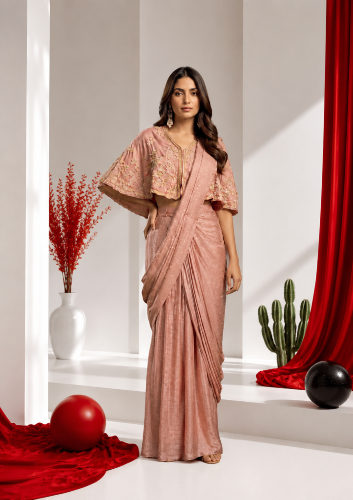 Rose Blush Cape Drape Saree Set