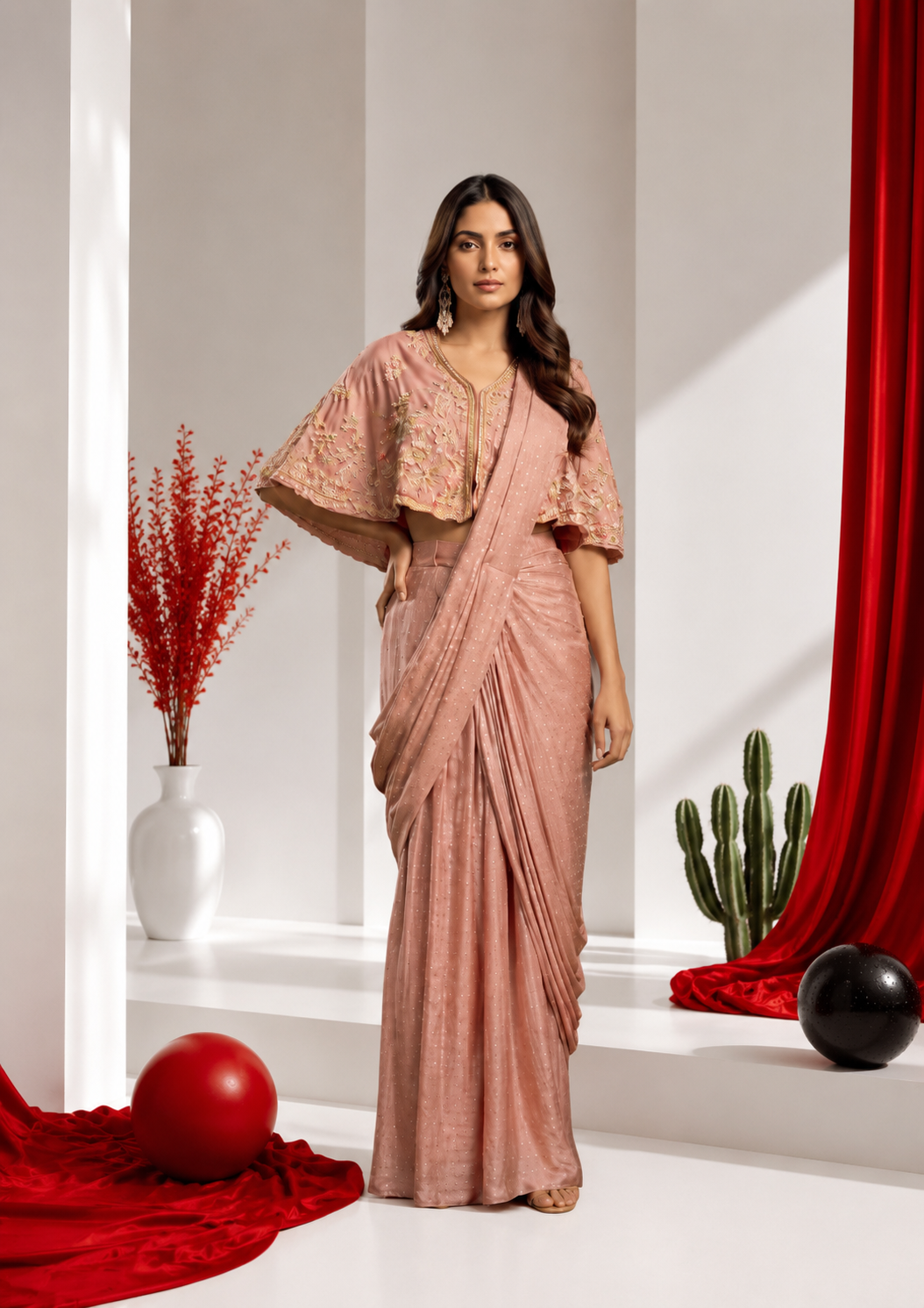 Rose Blush Cape Drape Saree Set