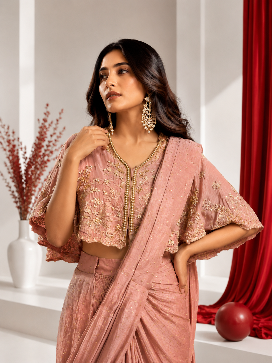 Rose Blush Cape Drape Saree Set - Image 3