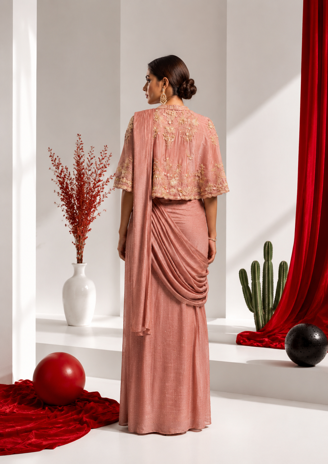 Rose Blush Cape Drape Saree Set - Image 4