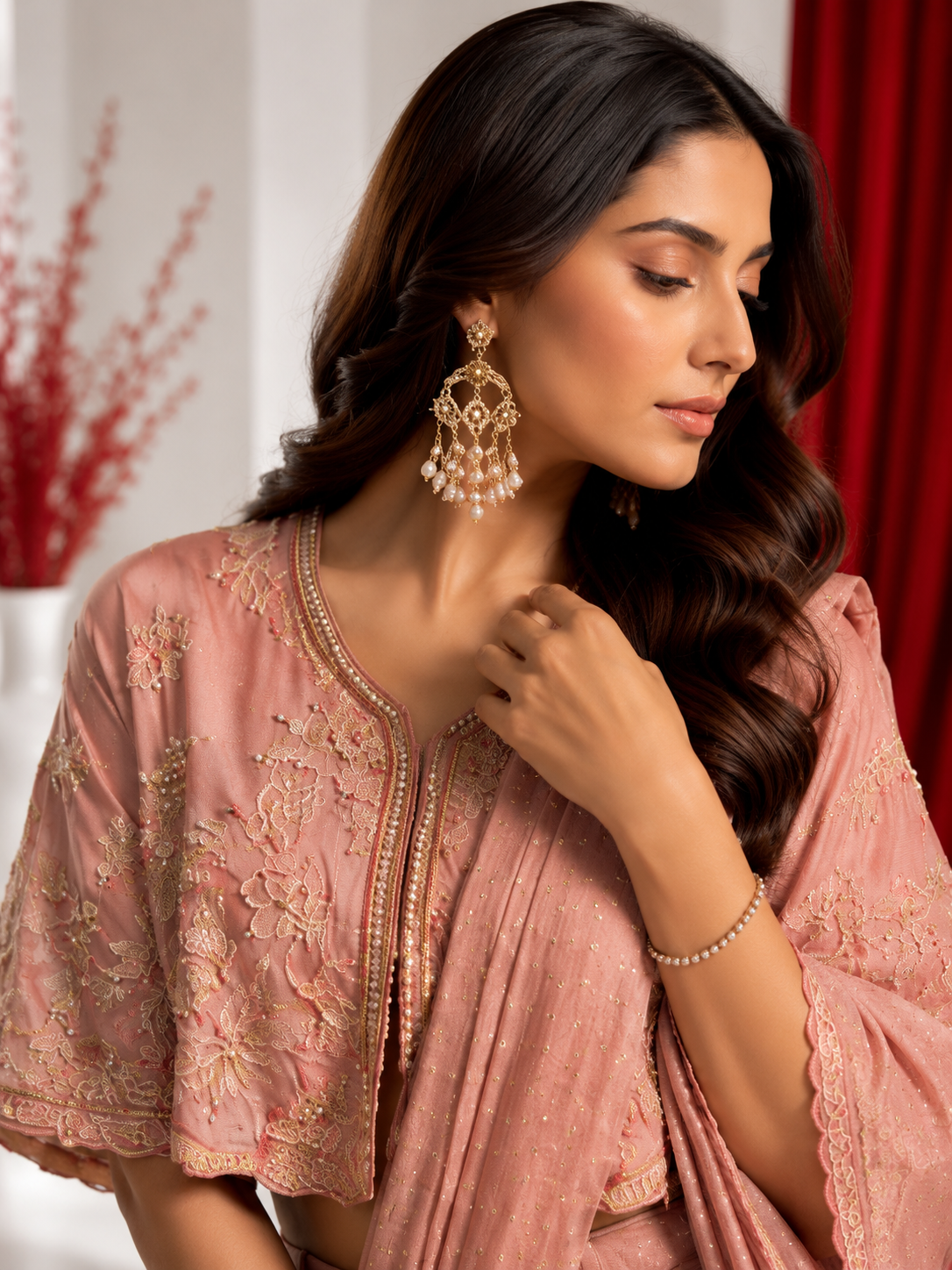 Rose Blush Cape Drape Saree Set - Image 5