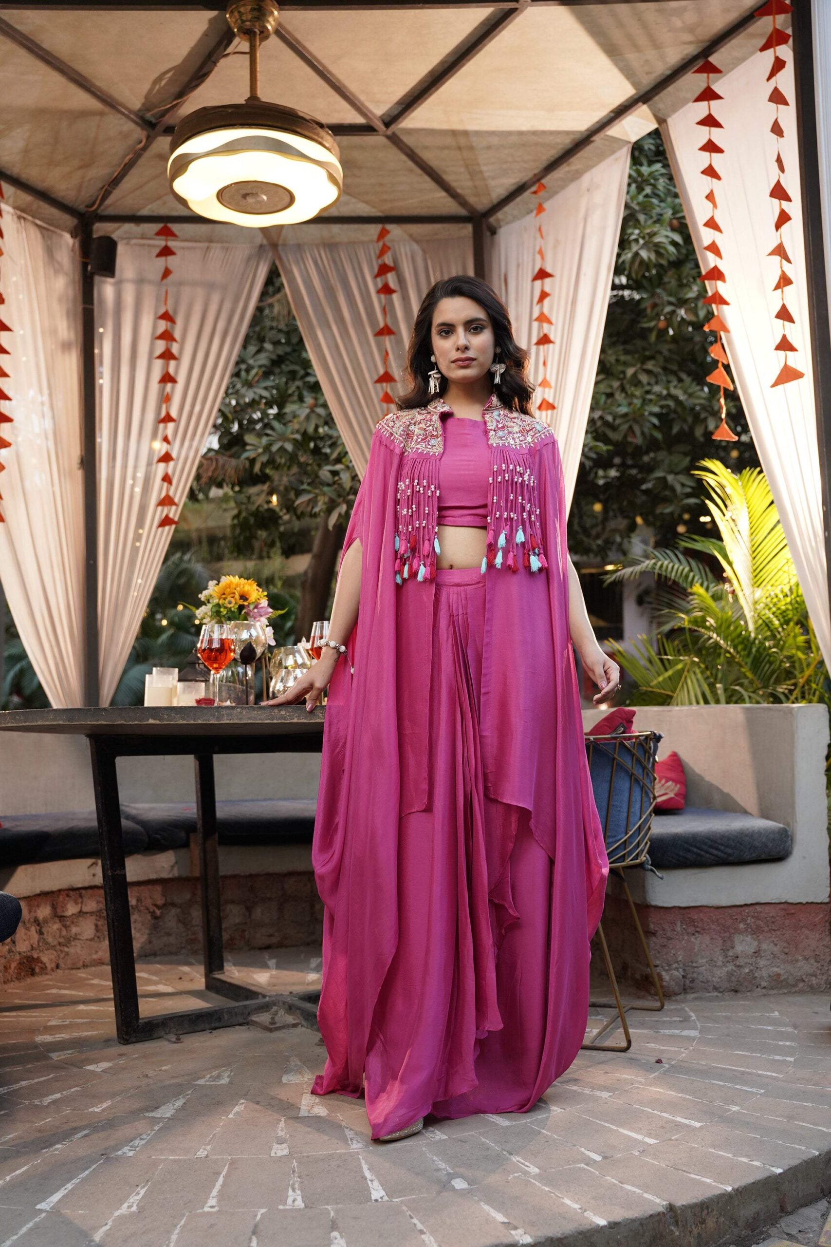 Embroidered Tassel Kaftan Set - Fuchsia Pink - Image 2