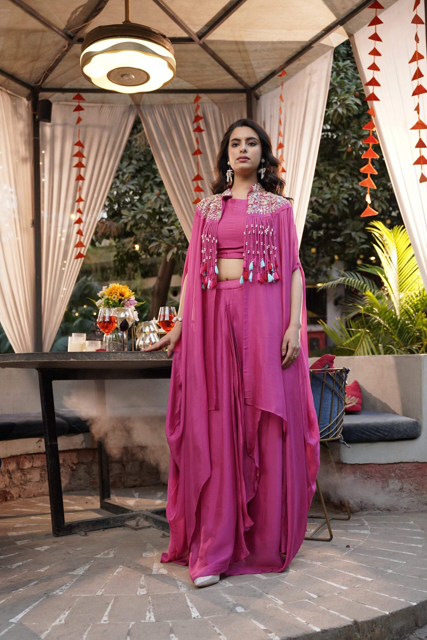 Embroidered Tassel Kaftan Set - Fuchsia Pink - Image 3