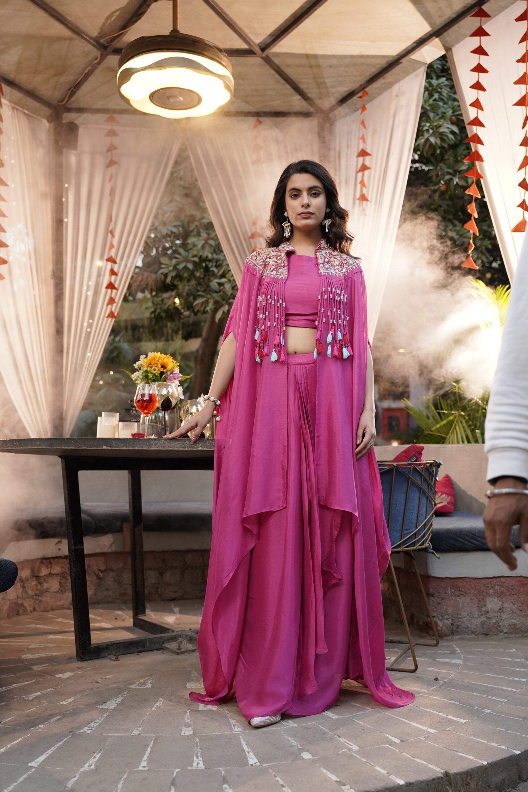 Embroidered Tassel Kaftan Set - Fuchsia Pink - Image 4
