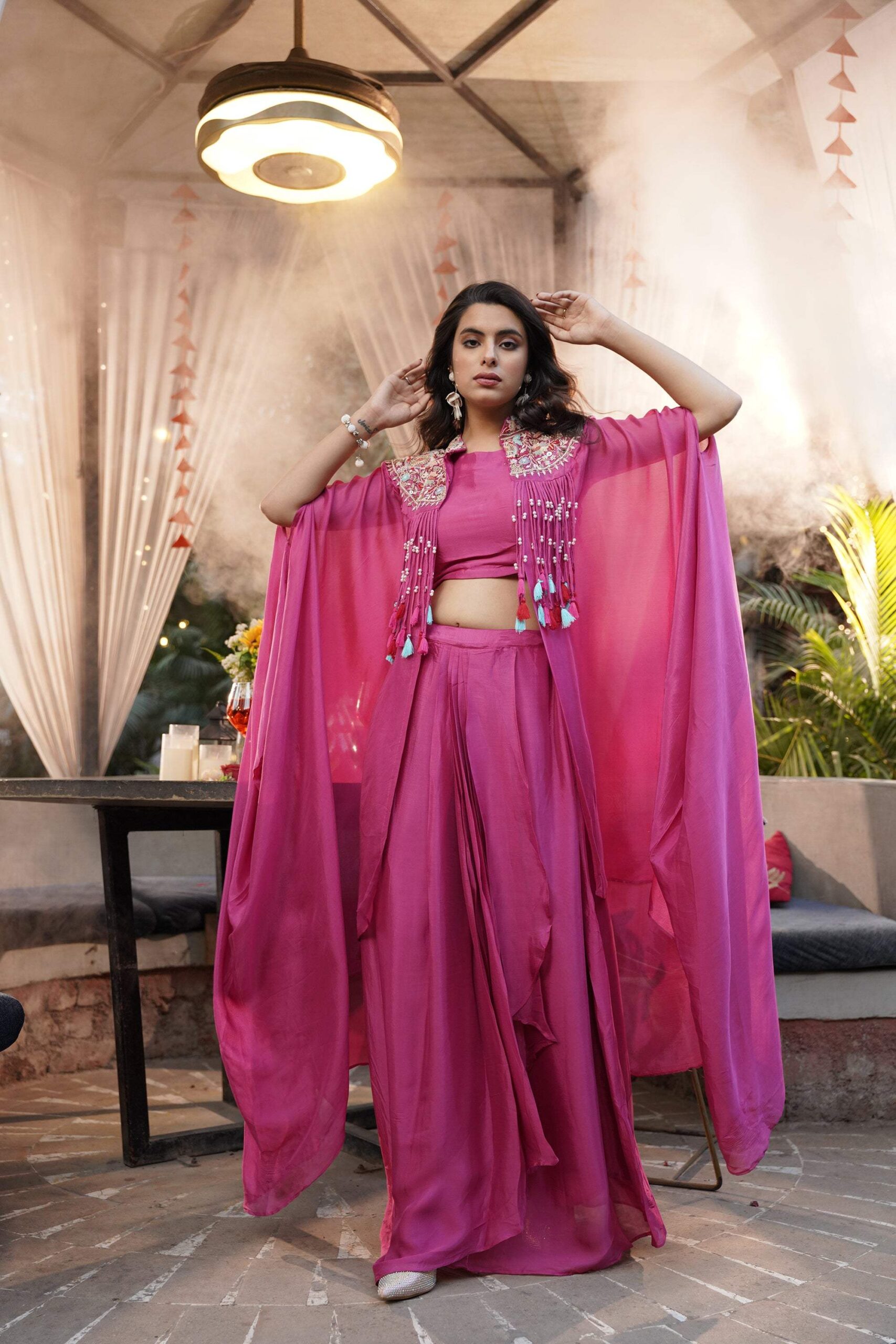 Embroidered Tassel Kaftan Set - Fuchsia Pink - Image 5