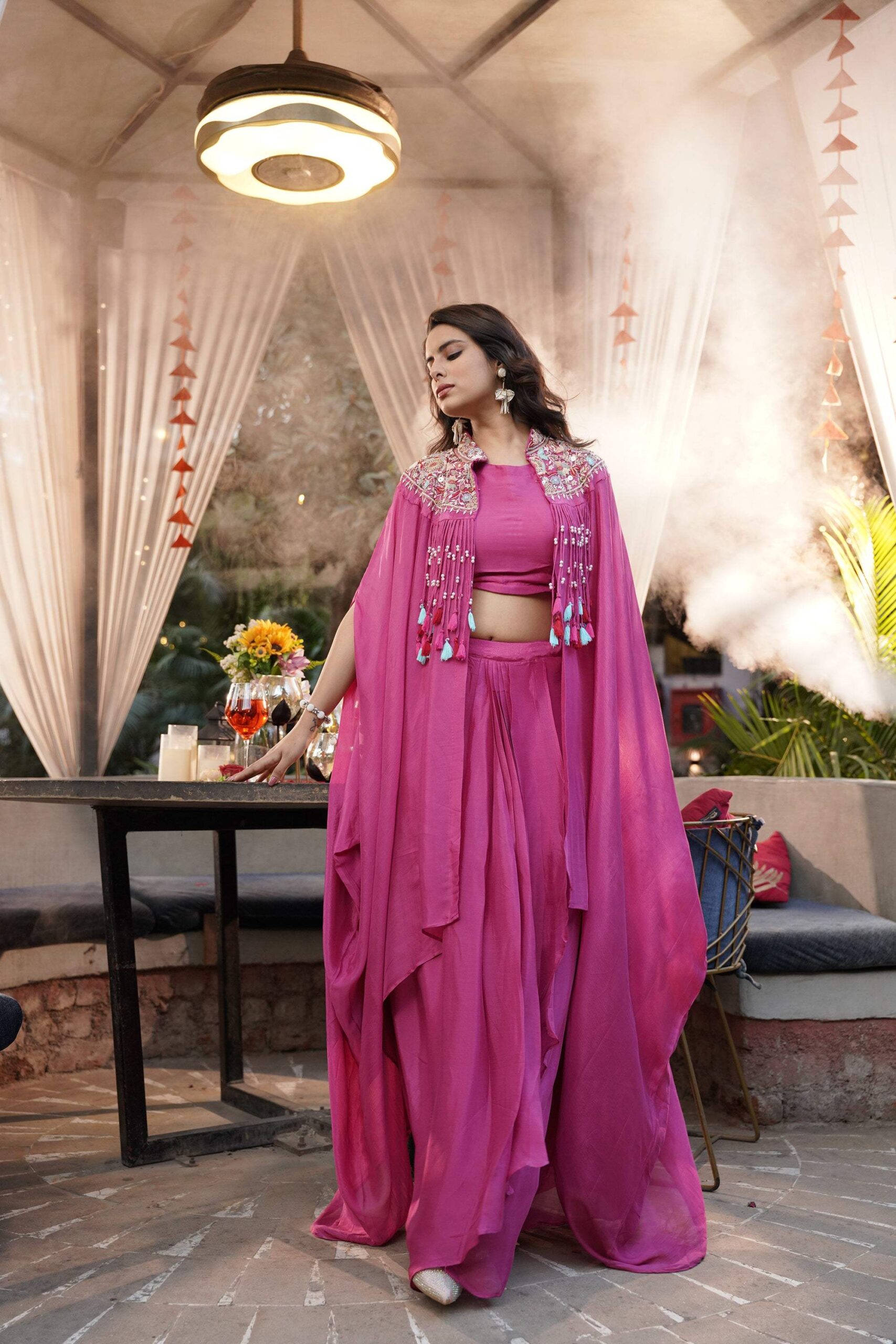 Embroidered Tassel Kaftan Set - Fuchsia Pink - Image 6
