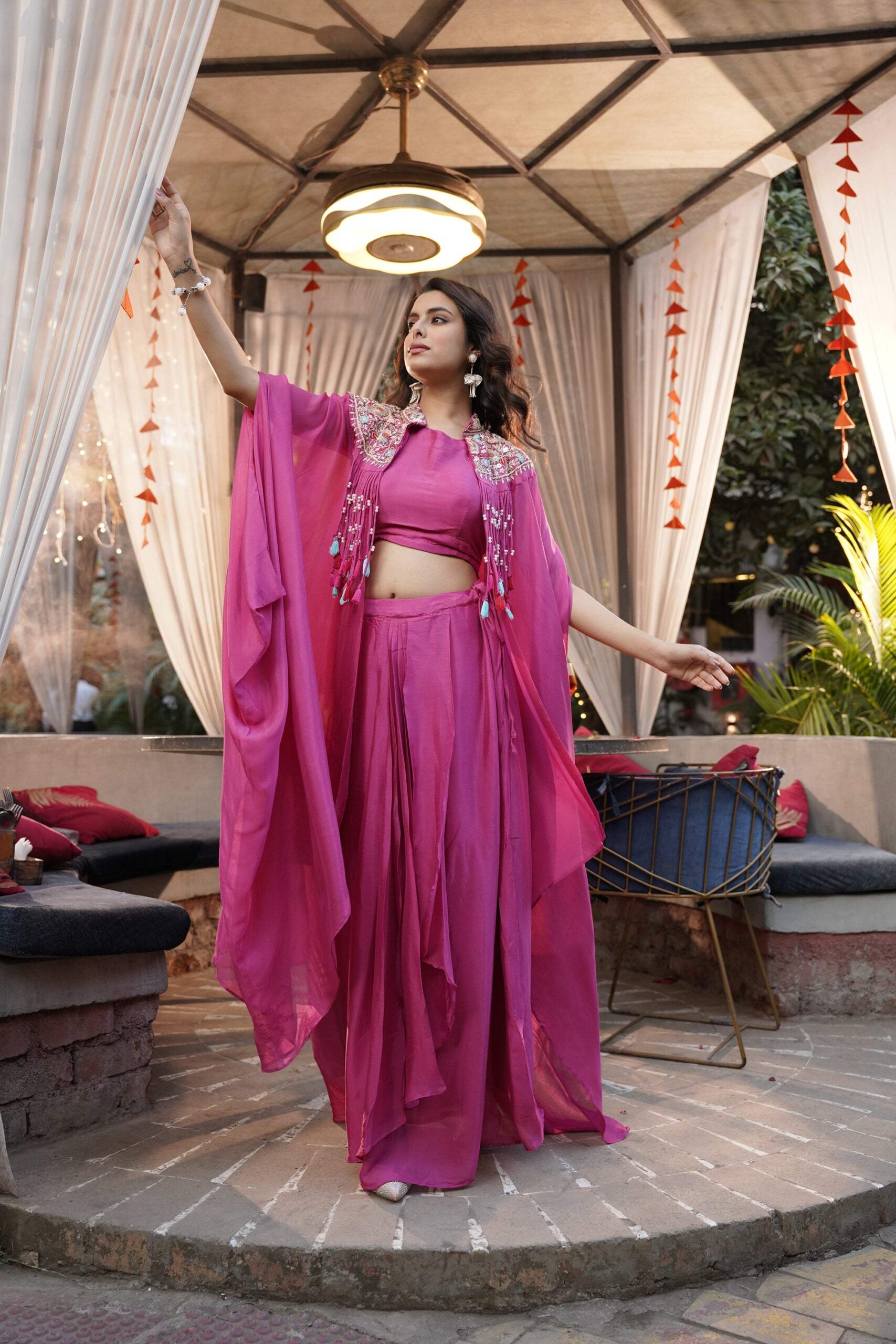 Embroidered Tassel Kaftan Set - Fuchsia Pink - Image 8