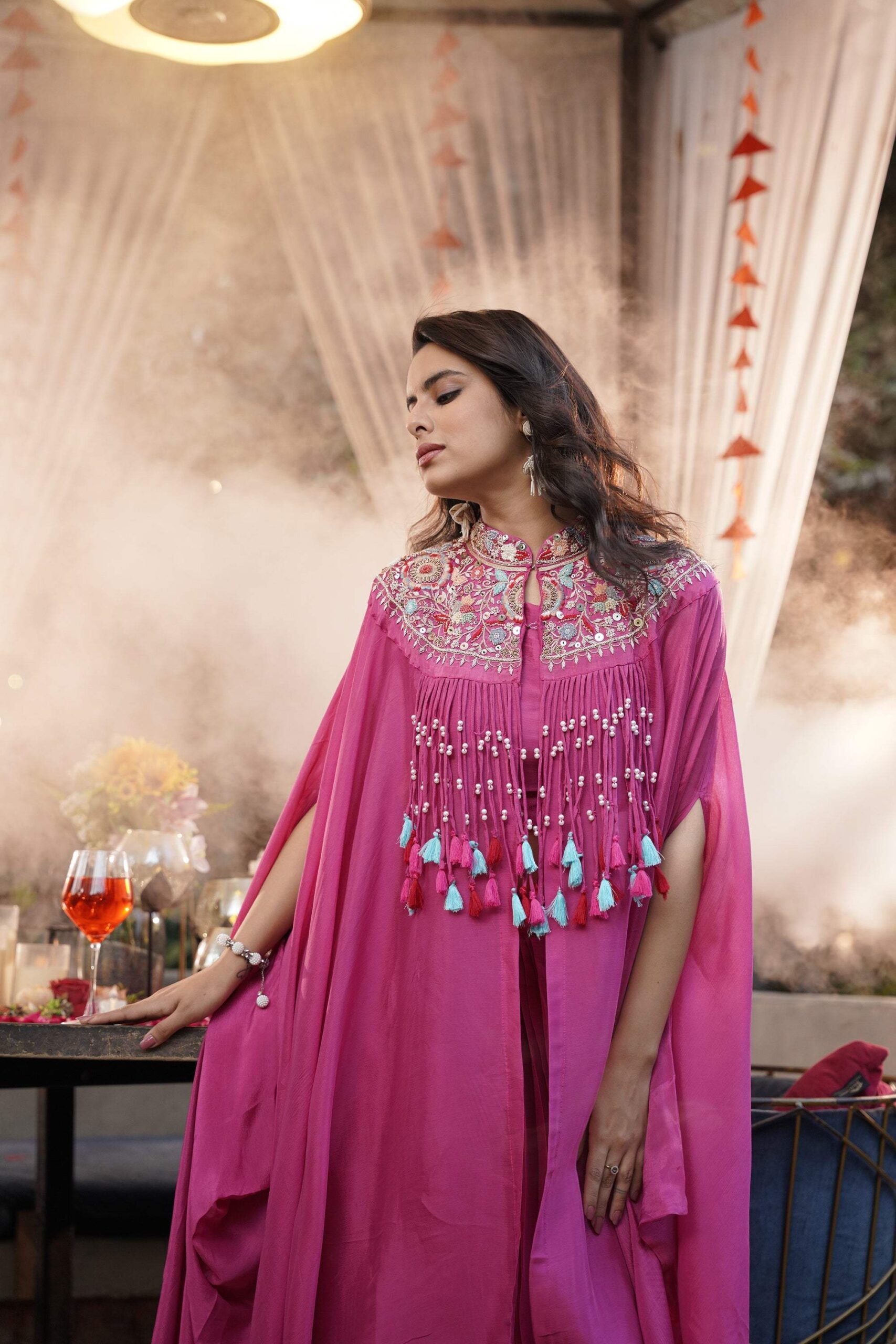 Embroidered Tassel Kaftan Set - Fuchsia Pink - Image 9