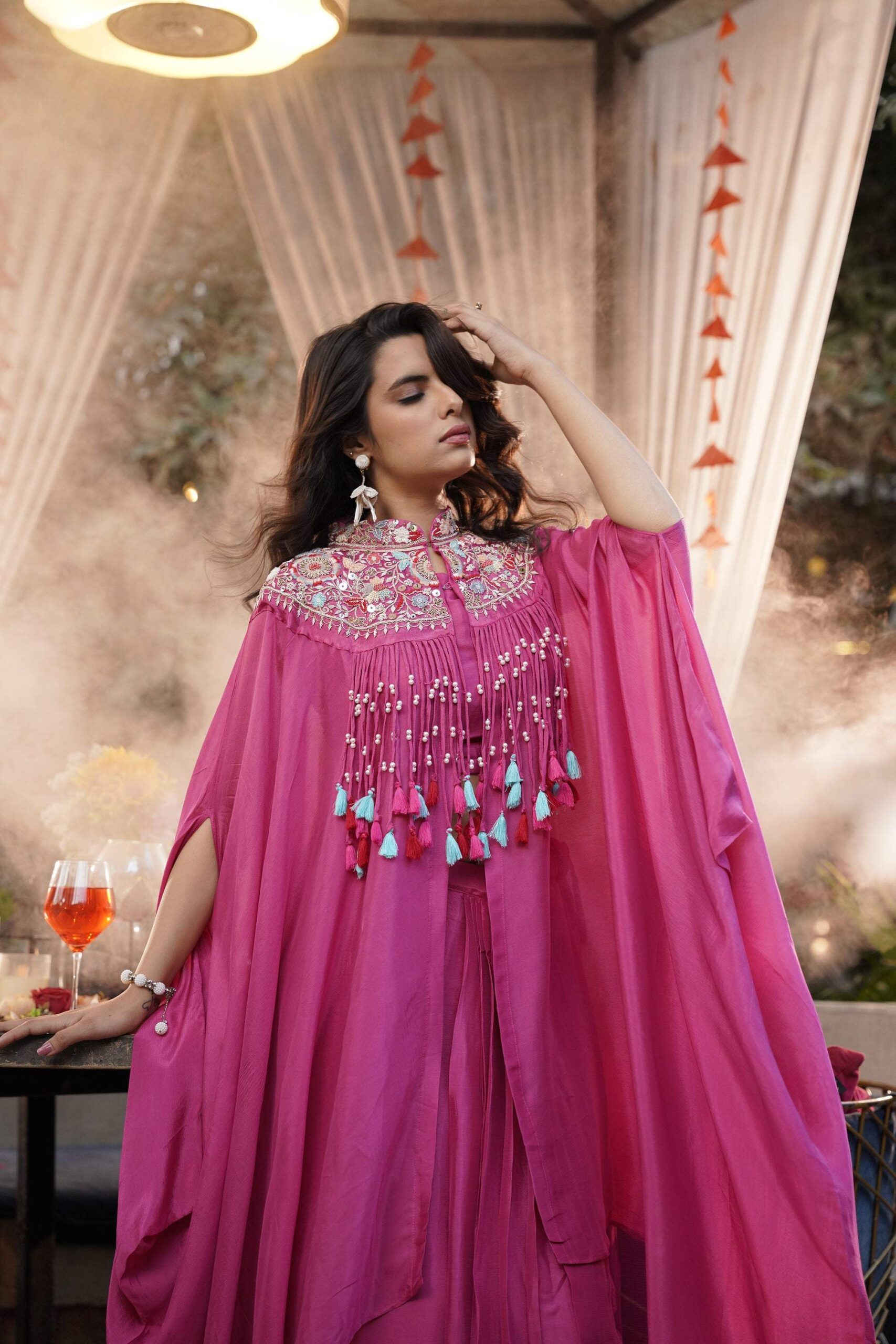 Embroidered Tassel Kaftan Set - Fuchsia Pink - Image 10