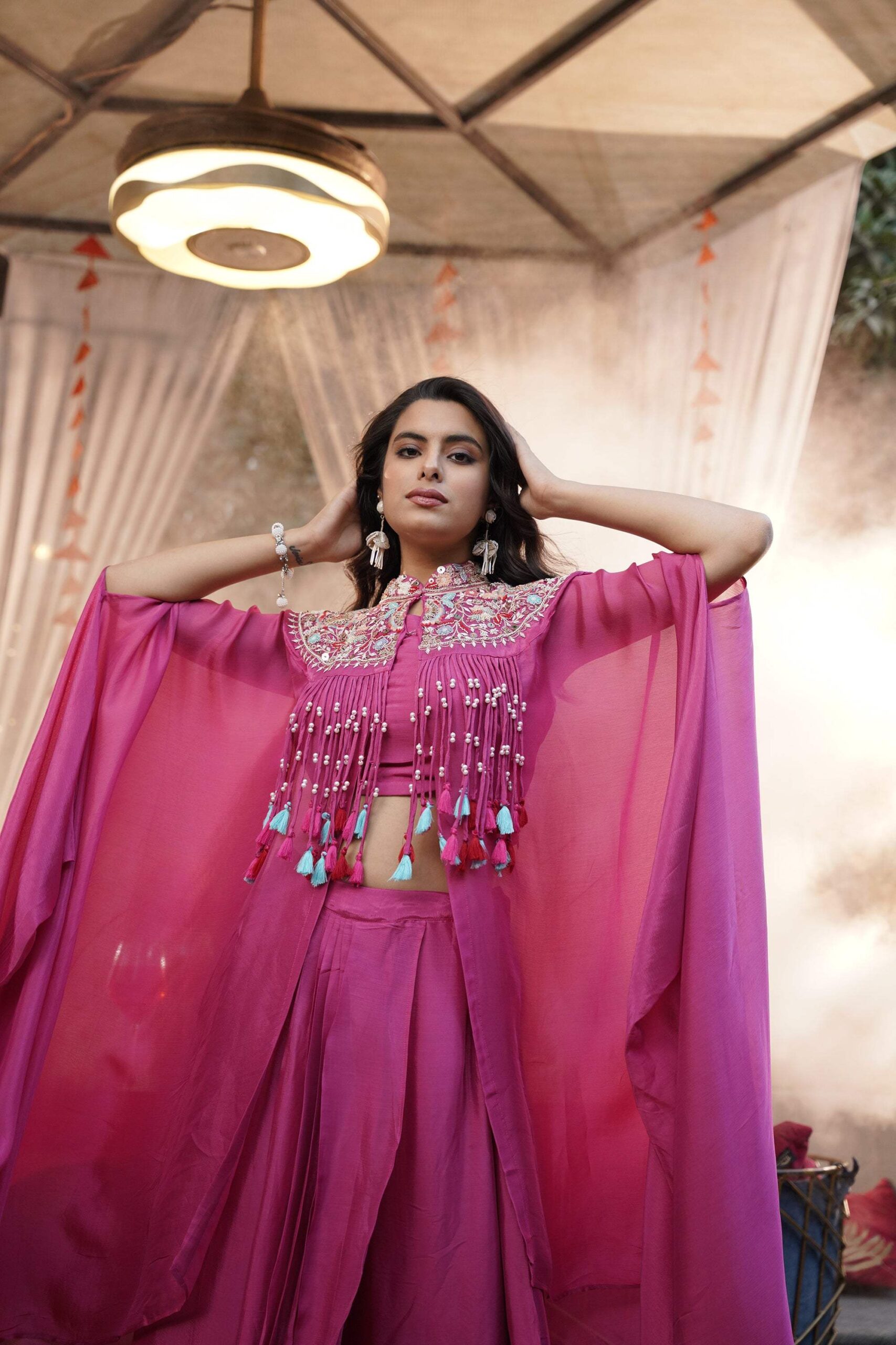 Embroidered Tassel Kaftan Set - Fuchsia Pink - Image 11