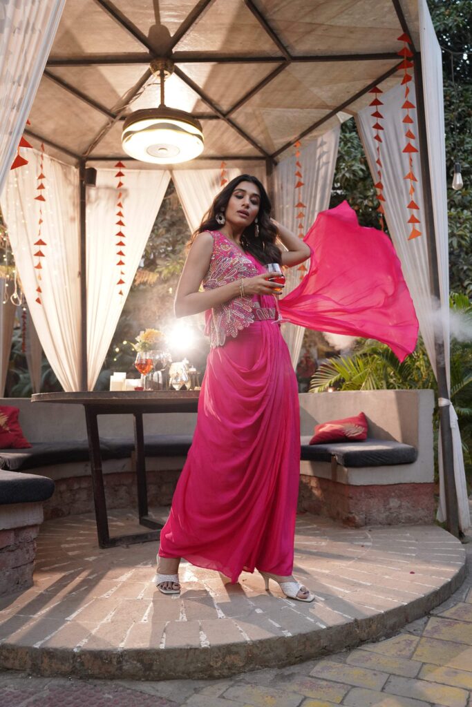 Draped Saree Style Embroidered Vest Set - Fuchsia Pink
