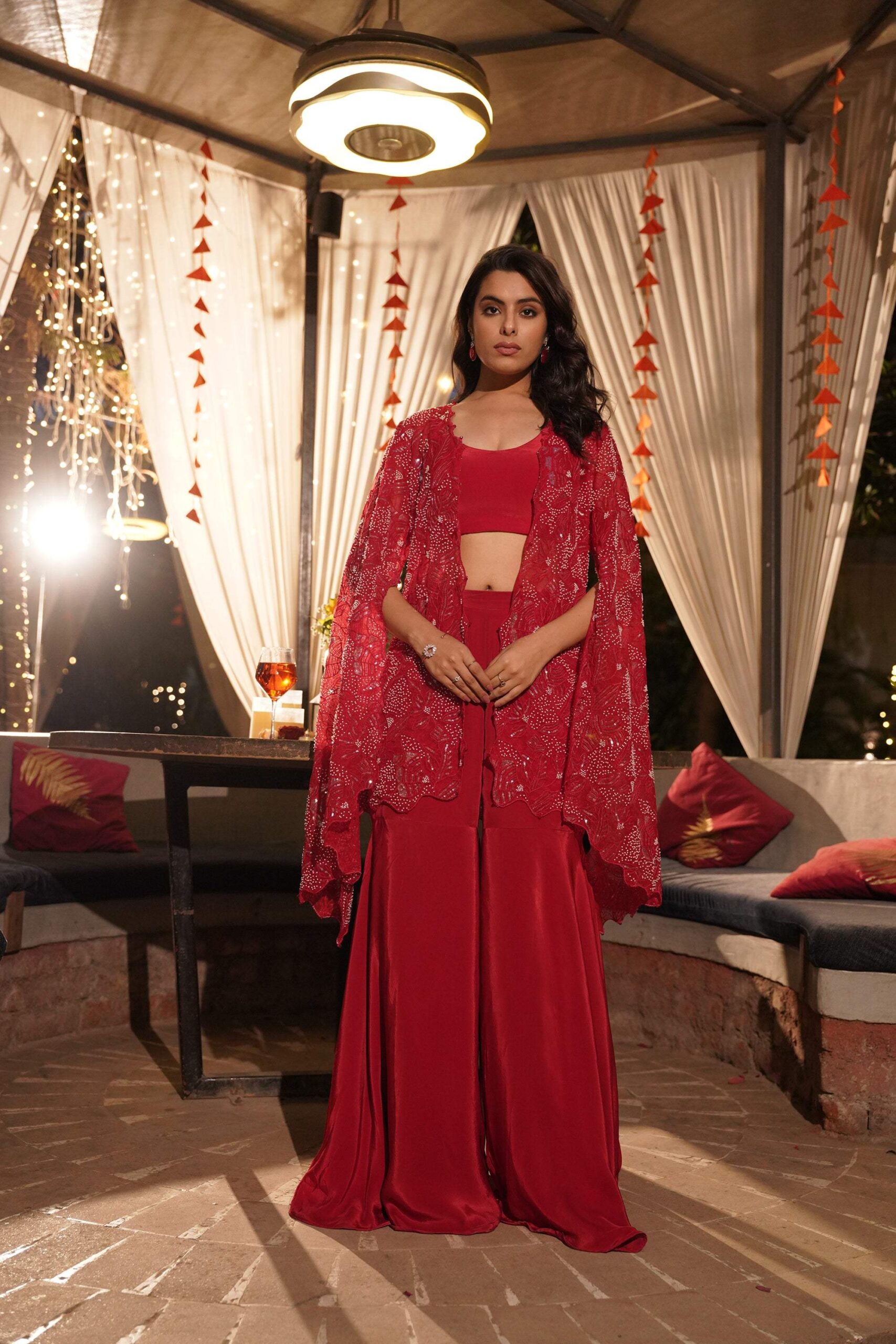 Embroidered Jacket Palazzo Set - Red - Image 4