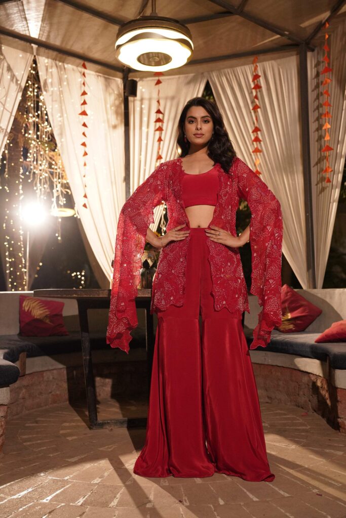 Embroidered Jacket Palazzo Set - Red