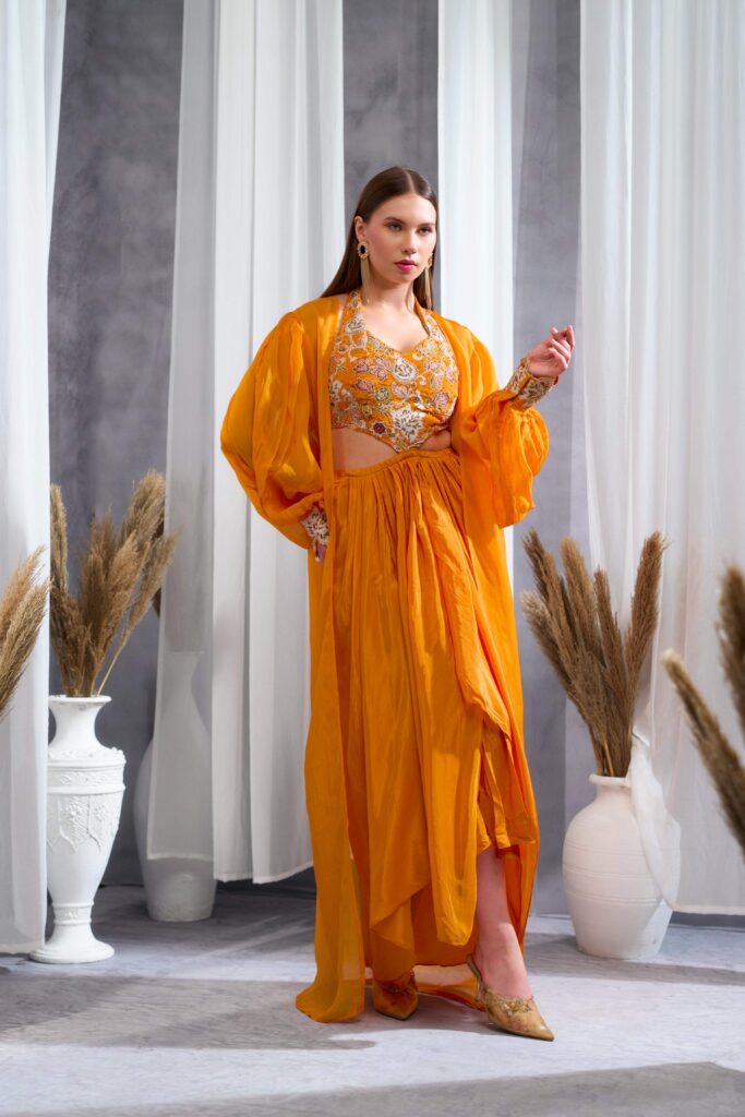 Rizabella Women Sitara Orange Printed Fusion Drape Skirt Set with Cape