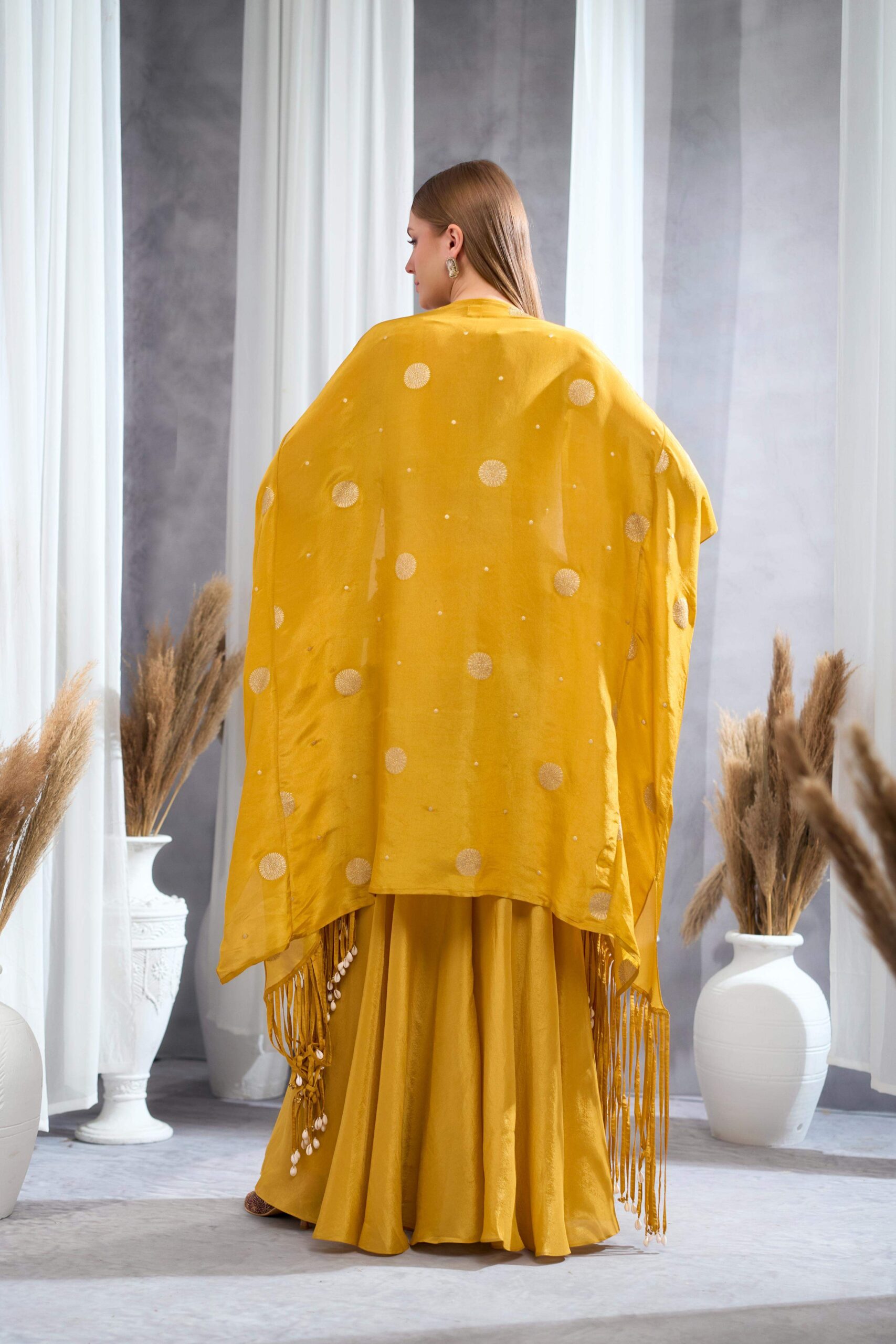 Rizabella Women Veda Mustard Embellished Cape Pant Set - Image 2