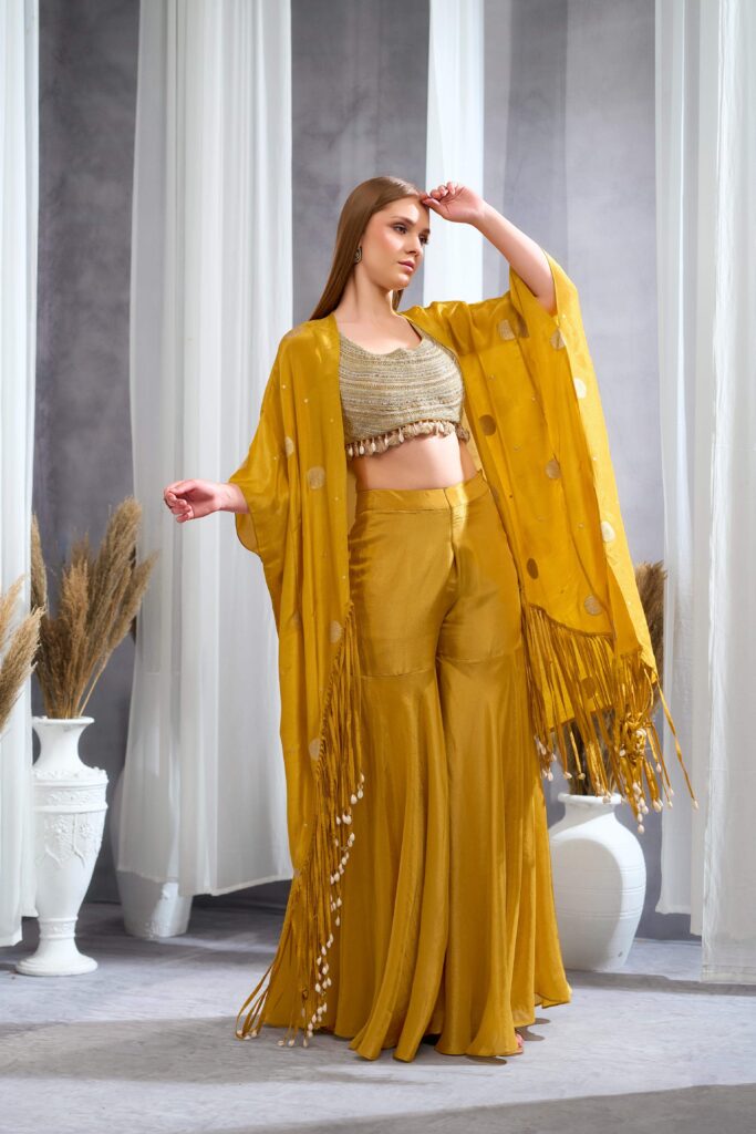Rizabella Women Veda Mustard Embellished Cape Pant Set