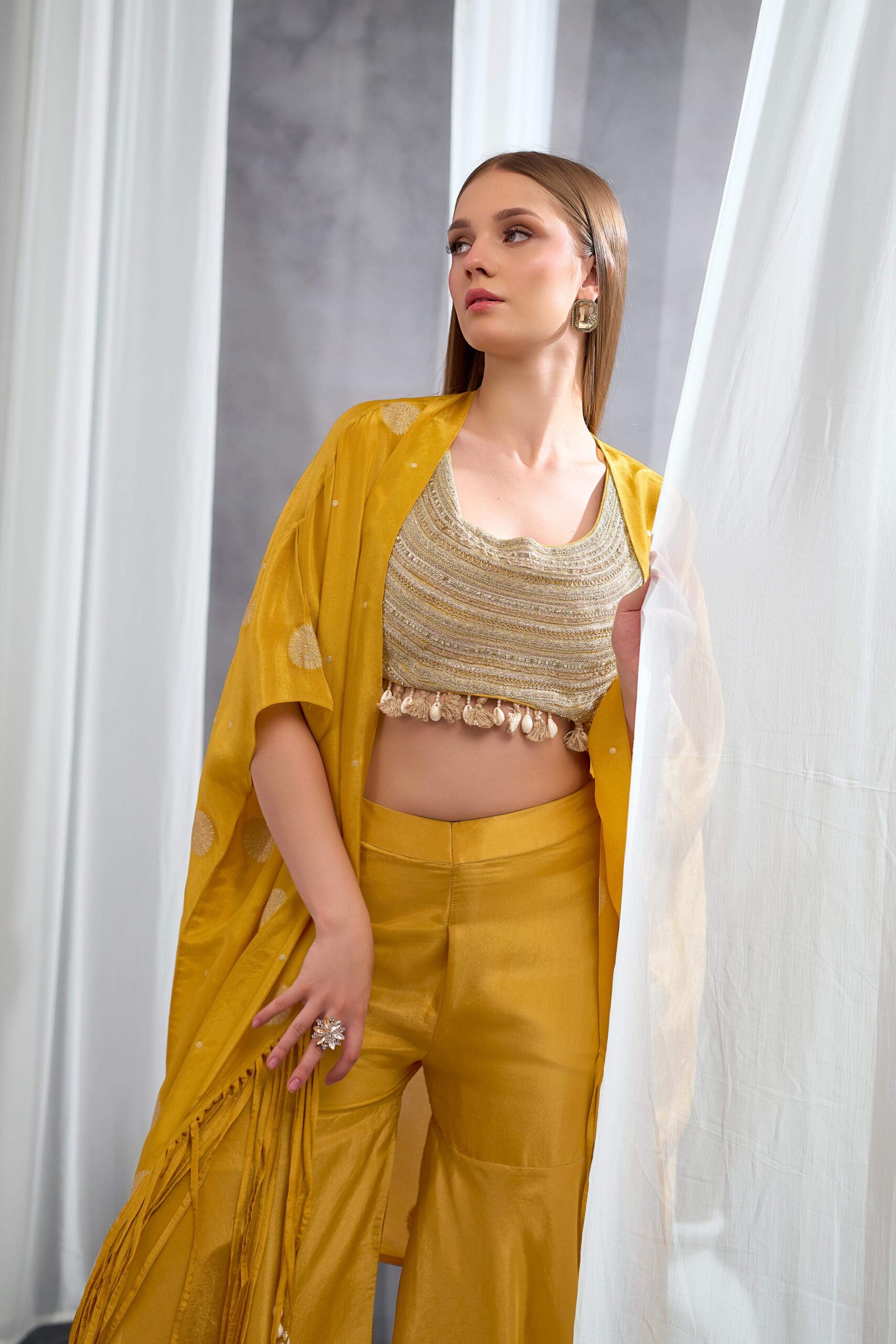 Rizabella Women Veda Mustard Embellished Cape Pant Set - Image 3