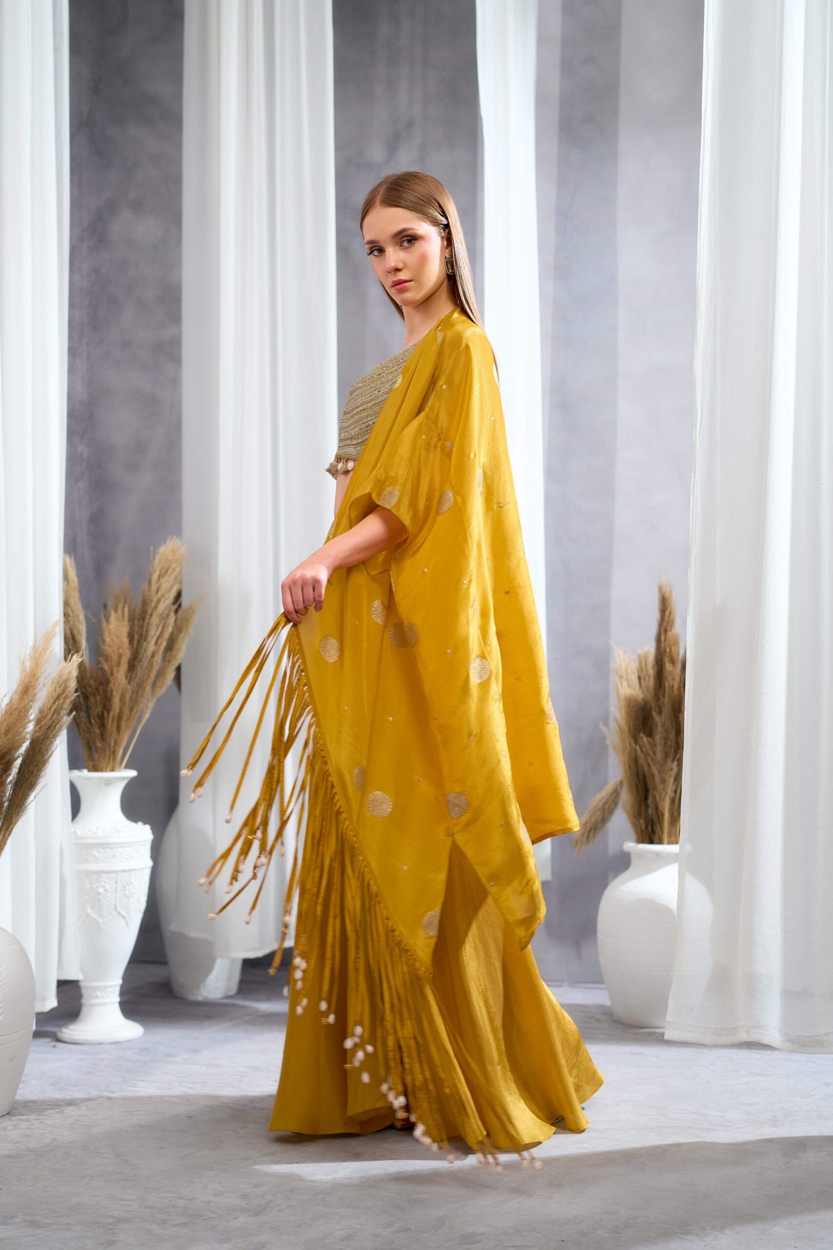 Rizabella Women Veda Mustard Embellished Cape Pant Set - Image 5