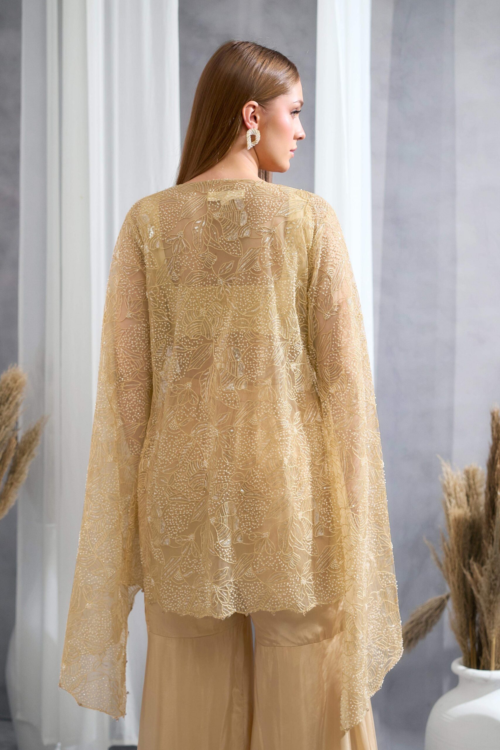 RIZABELLA Women Luxe Beige Embroidered Net jacket Pant Set - Image 2