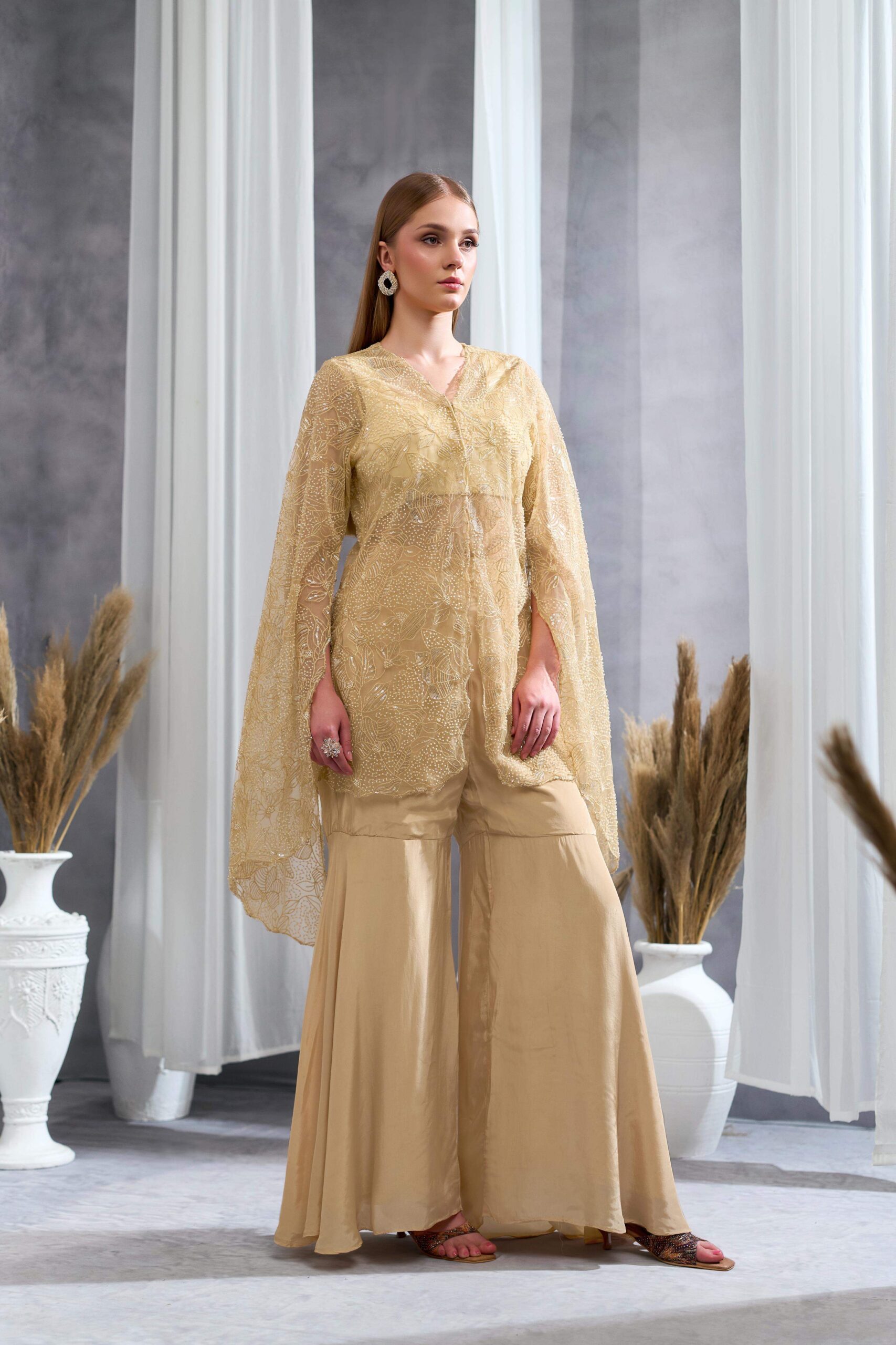 RIZABELLA Women Luxe Beige Embroidered Net jacket Pant Set - Image 4