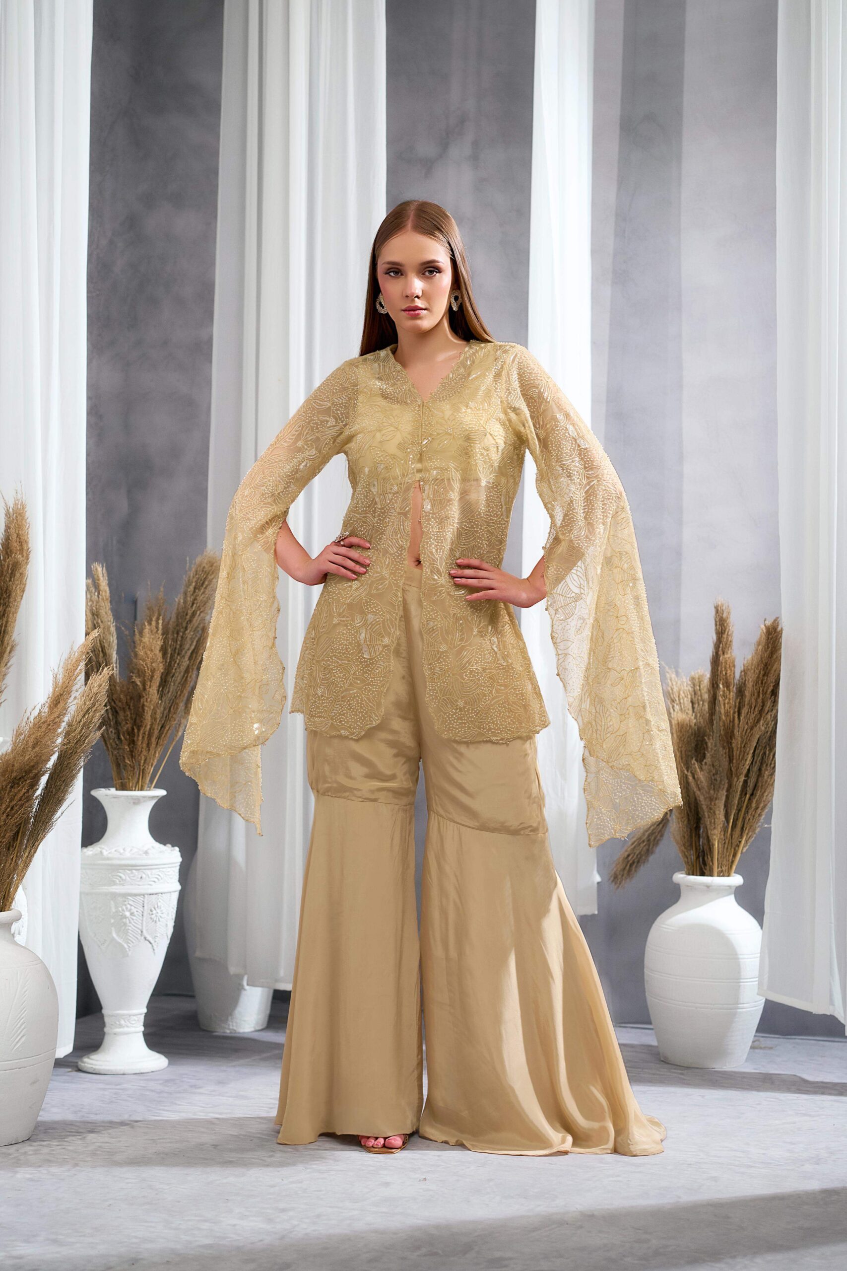 RIZABELLA Women Luxe Beige Embroidered Net jacket Pant Set - Image 5