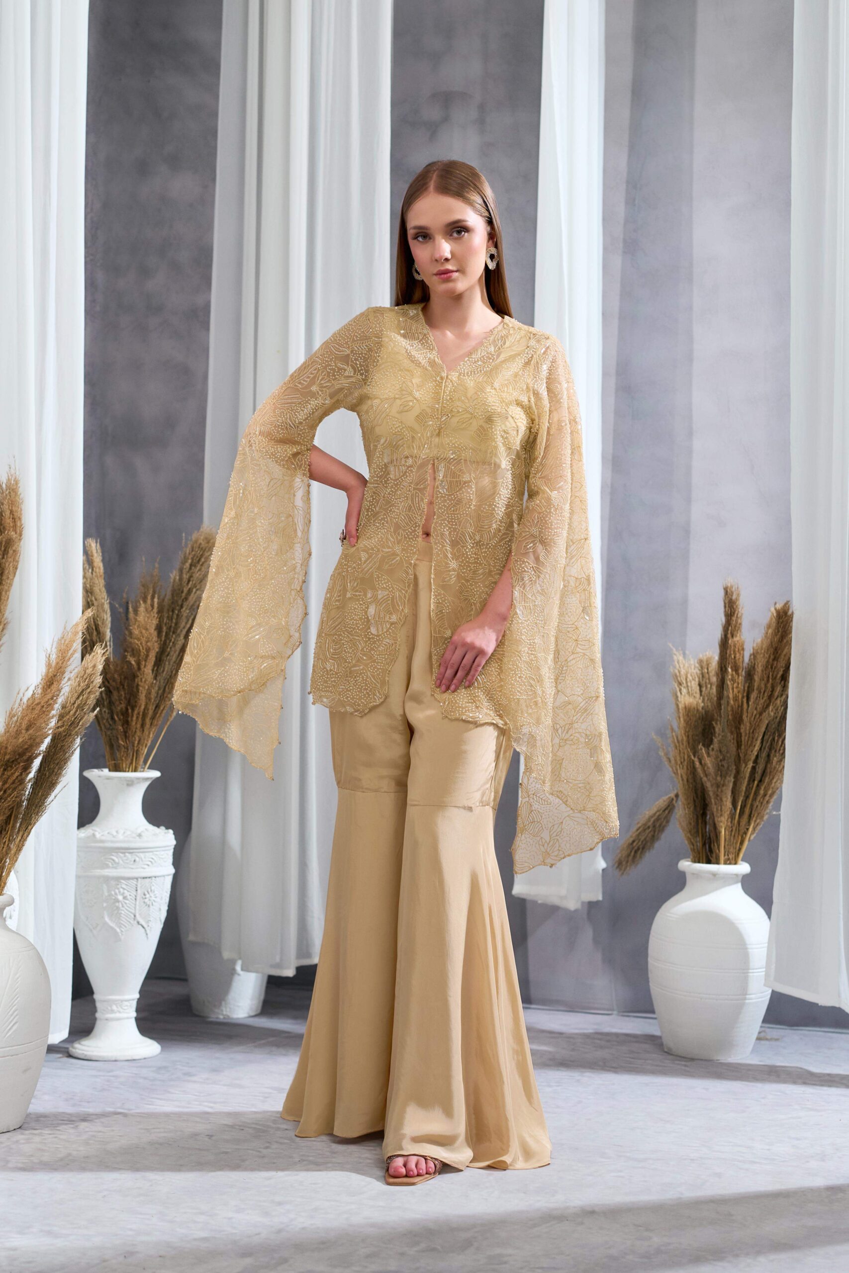RIZABELLA Women Luxe Beige Embroidered Net jacket Pant Set