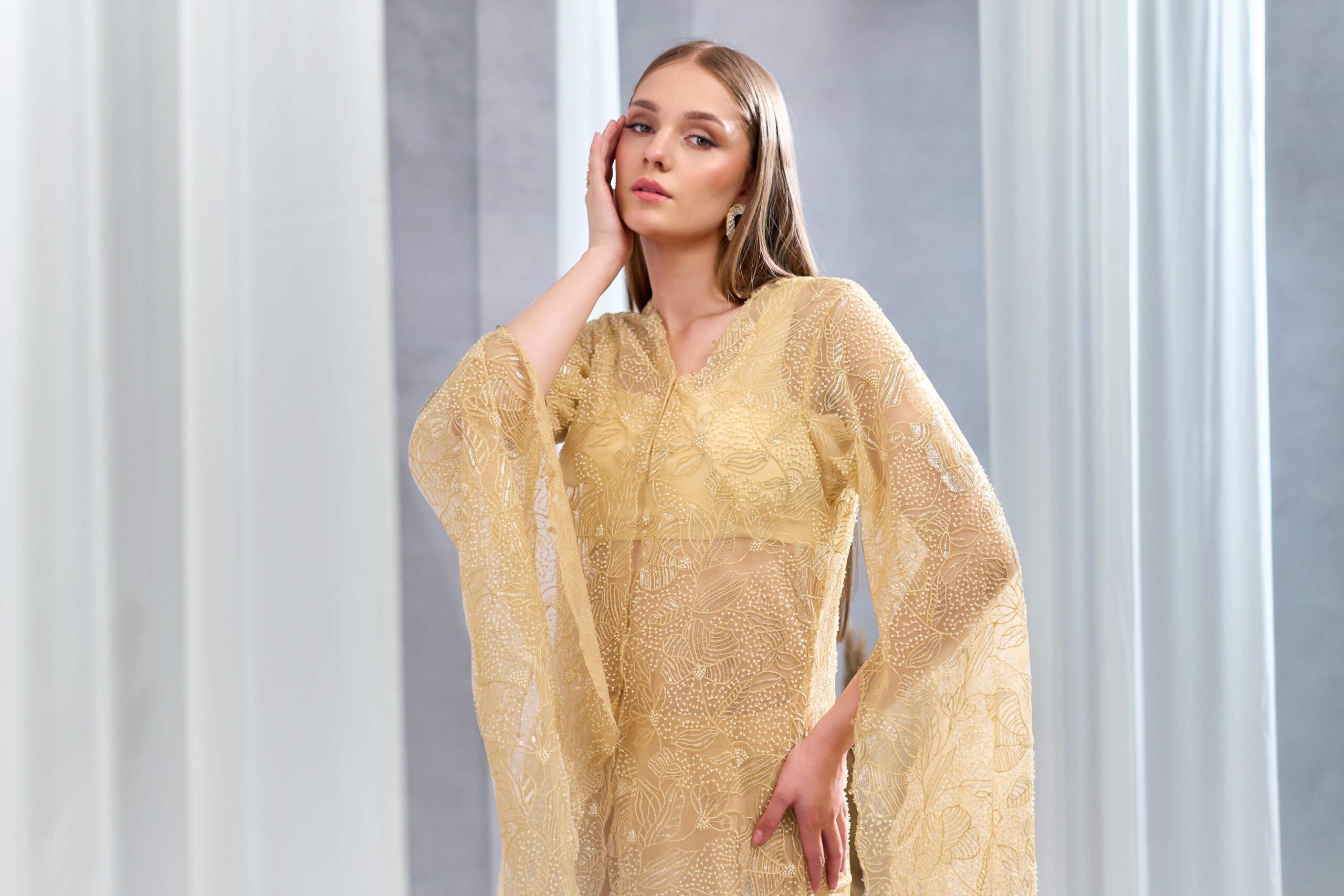 RIZABELLA Women Luxe Beige Embroidered Net jacket Pant Set - Image 6