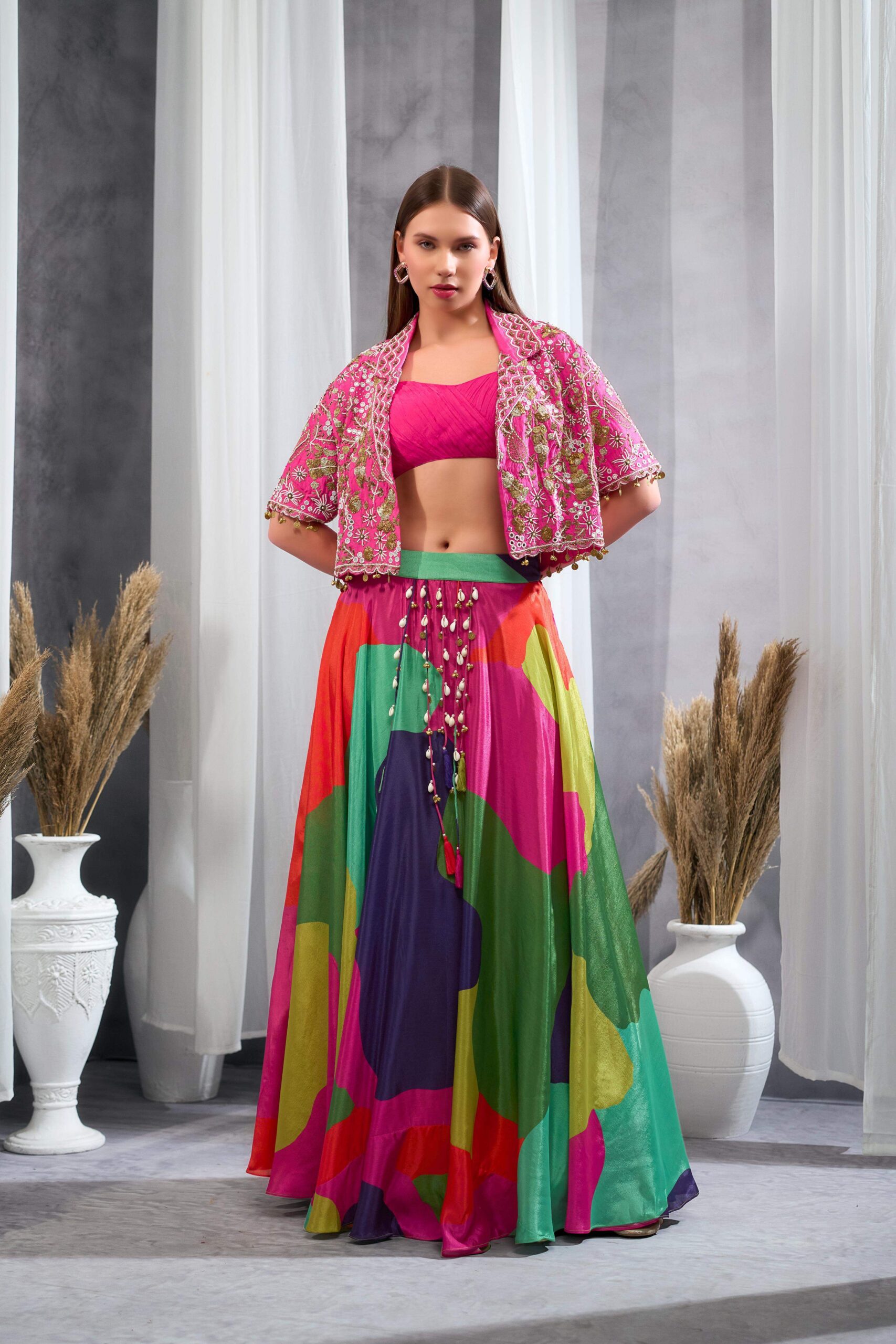 Rizabella Women Noor Multicolor Printed Skirt Set with sort Jacket
