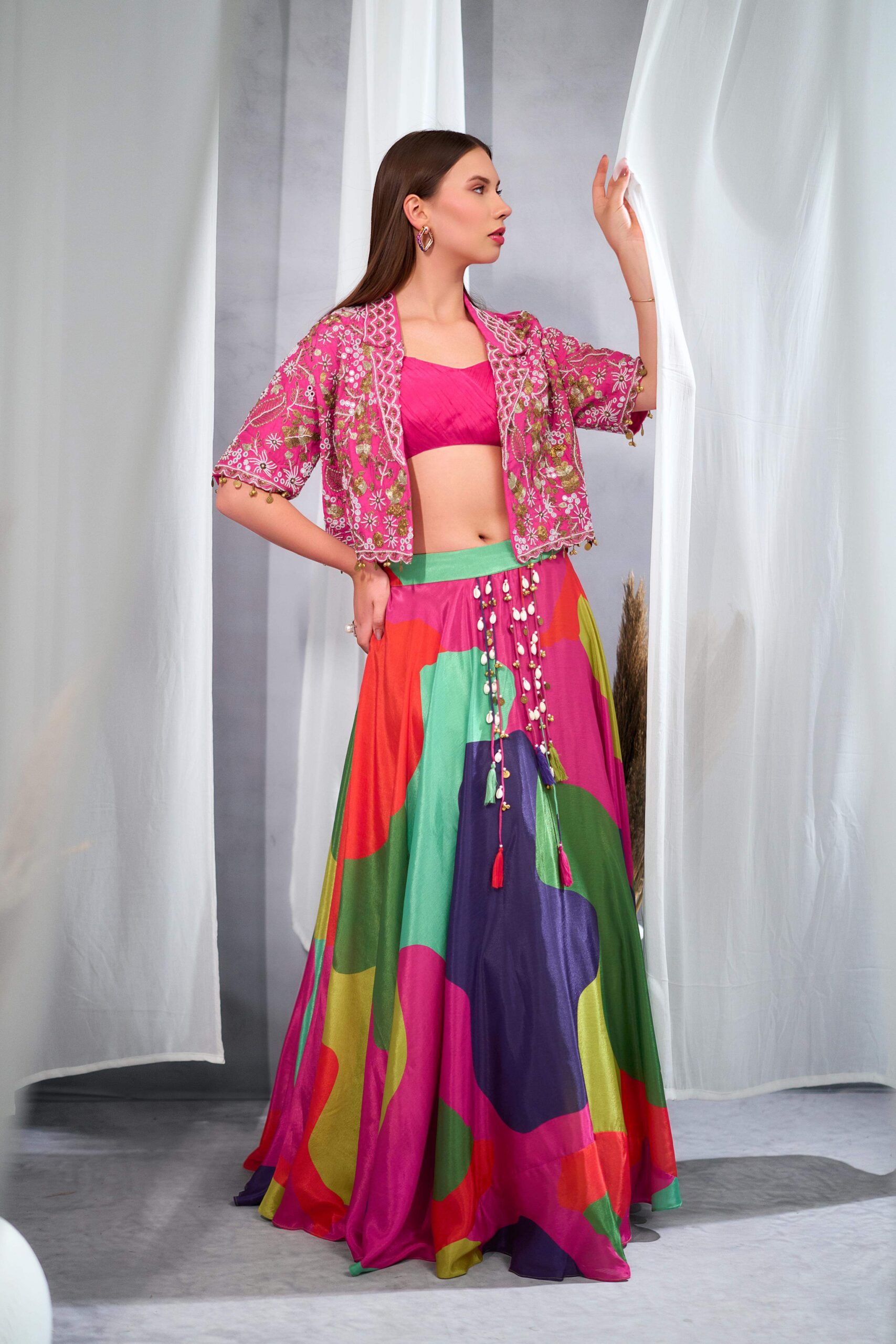 Rizabella Women Noor Multicolor Printed Skirt Set with sort Jacket - Image 4