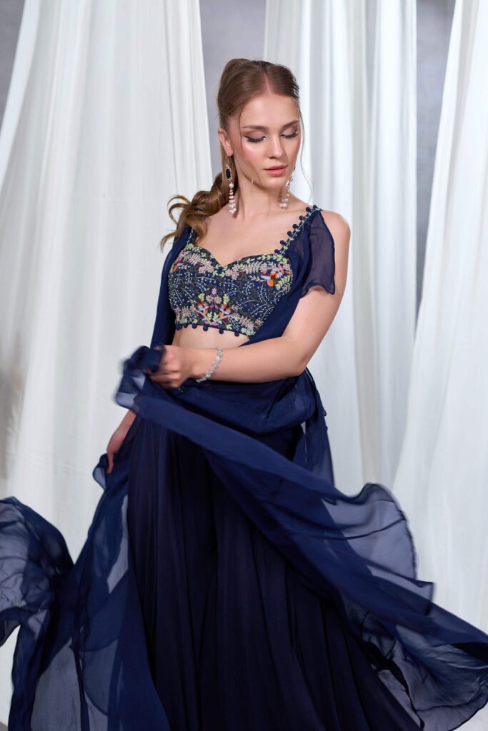 Rizabella Women Zaria Navy Blue Embroidered Lehenga Set with Sheer Cape