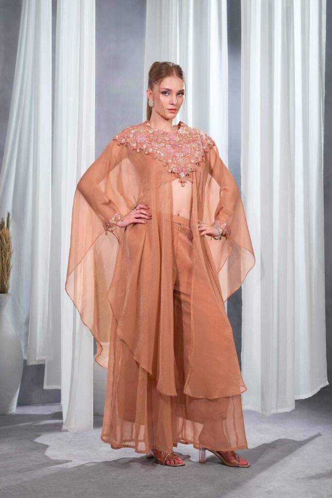 Women Urban peach Embellished Cape Palazzo Set