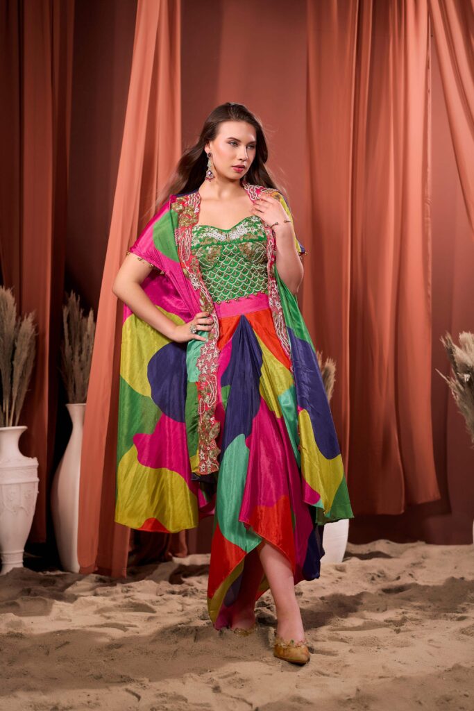 RIZABELLA Women Multicolor Printed Fusion Drape Skirt Set - green