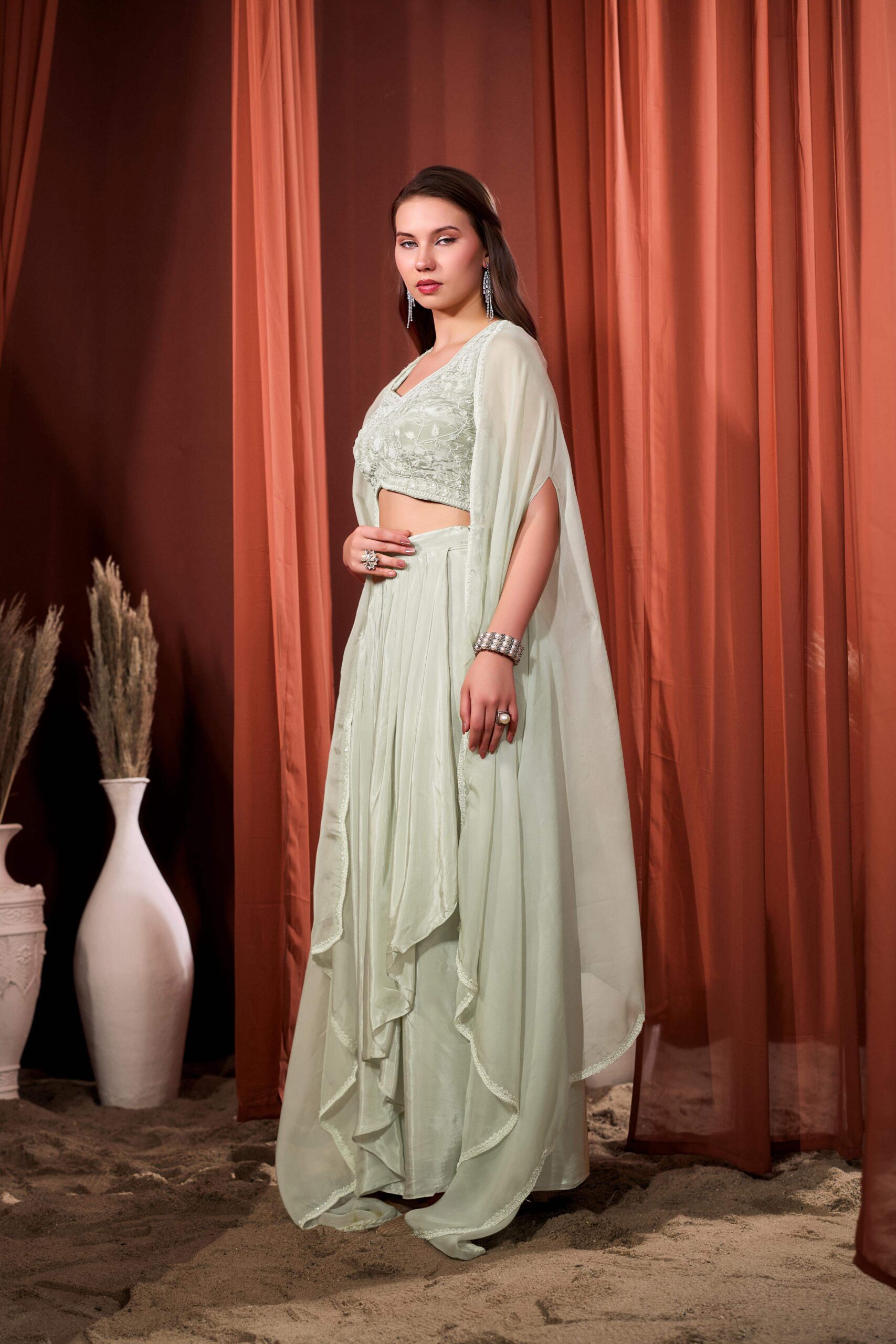 RIZABELLA Women Veda Embroidered Drape Set with Cape - Image 4