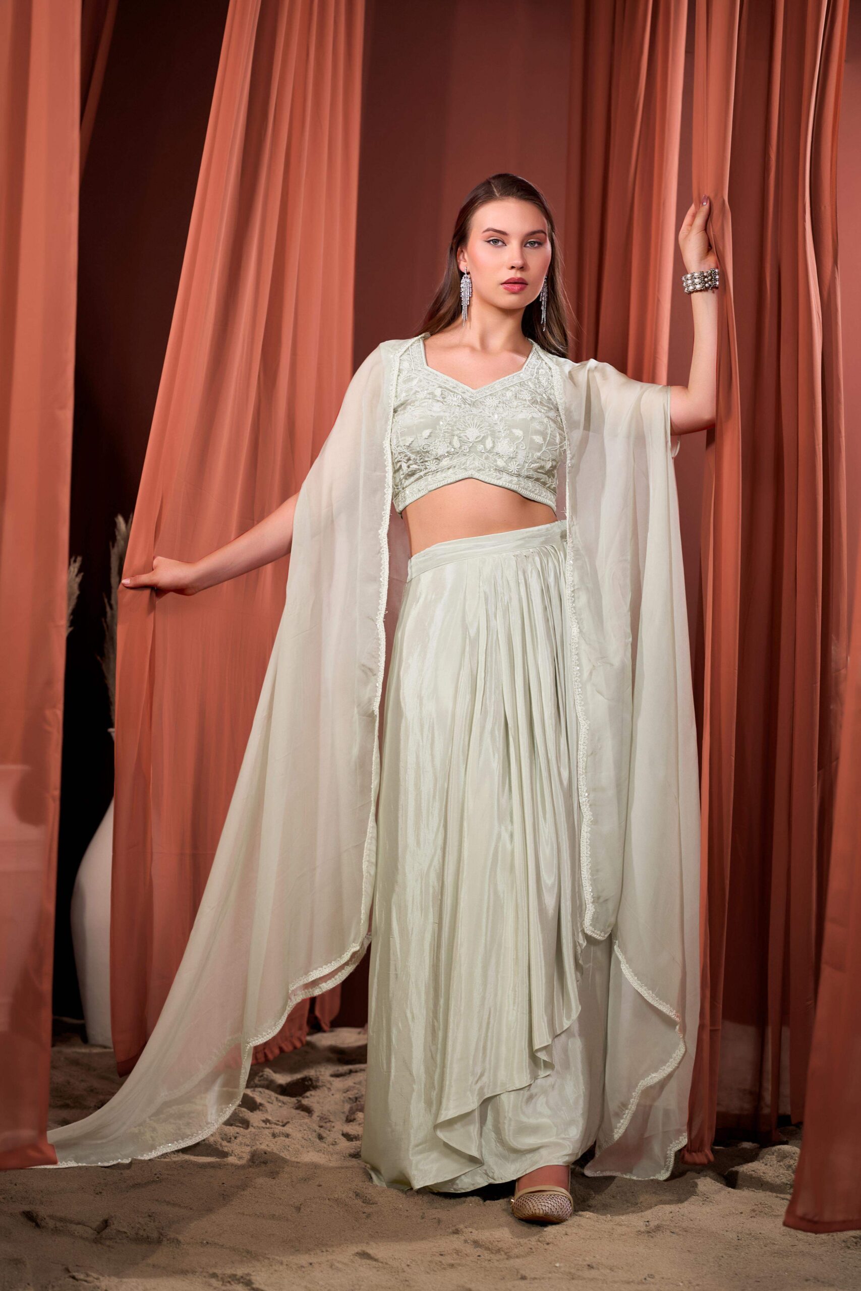 RIZABELLA Women Veda Embroidered Drape Set with Cape