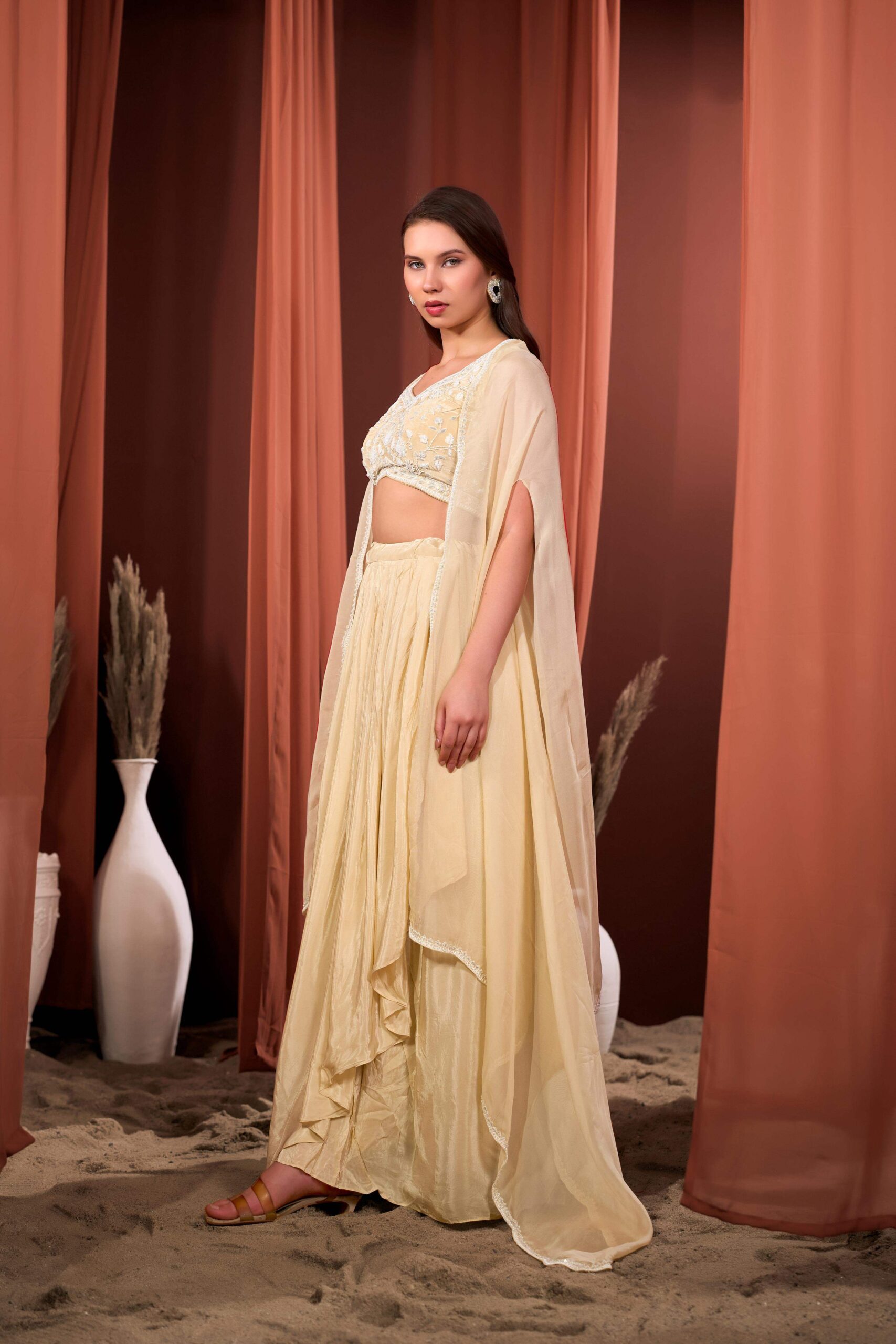RIZABELLA Women Veda Embroidered Drape Set with Cape - Image 5