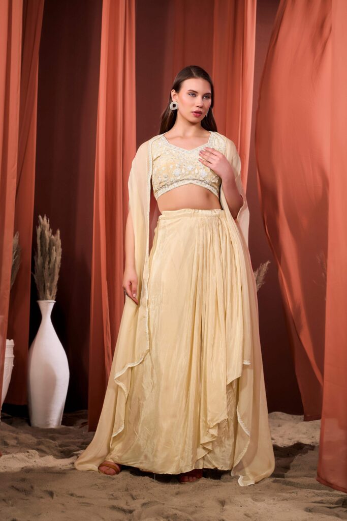 RIZABELLA Women Veda Embroidered Drape Set with Cape