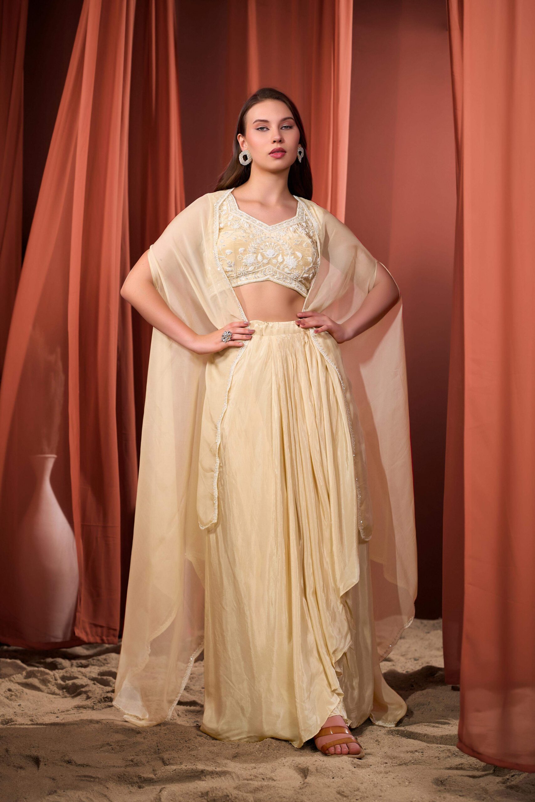 RIZABELLA Women Veda Embroidered Drape Set with Cape - Image 3