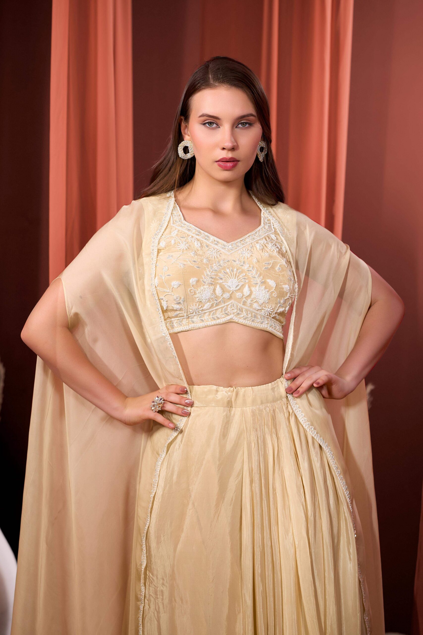 RIZABELLA Women Veda Embroidered Drape Set with Cape - Image 6