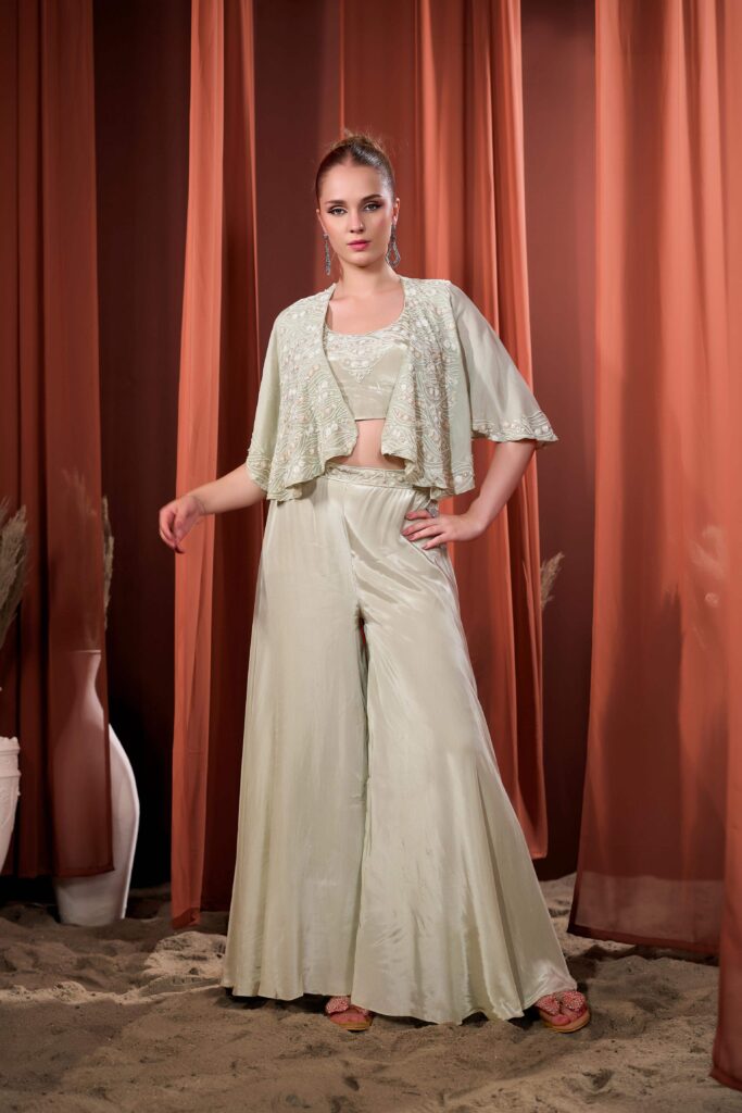 Rizabella Women Mehfil Sage Green Embroidered Jacket Palazzo Set