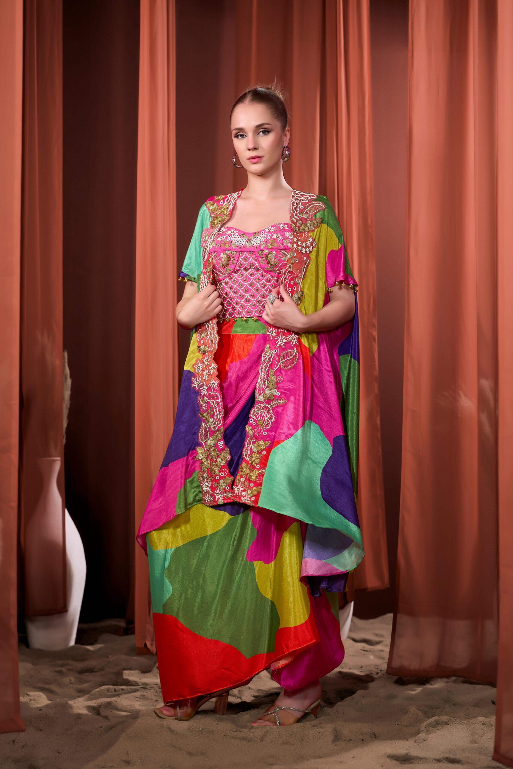 RIZABELLA Women Multicolor Printed Fusion Drape Skirt Set - Pink - Image 5